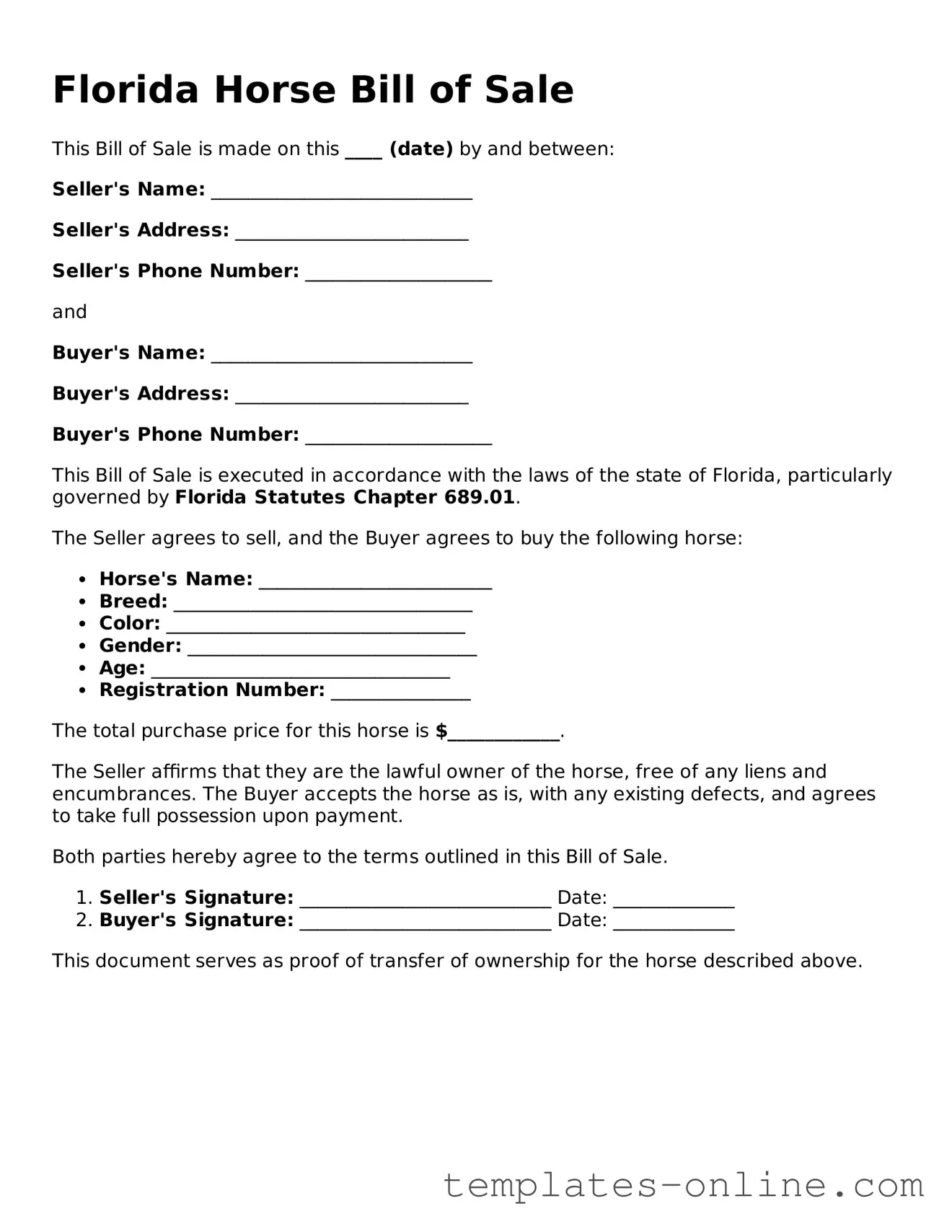 Valid  Horse Bill of Sale Template for Florida