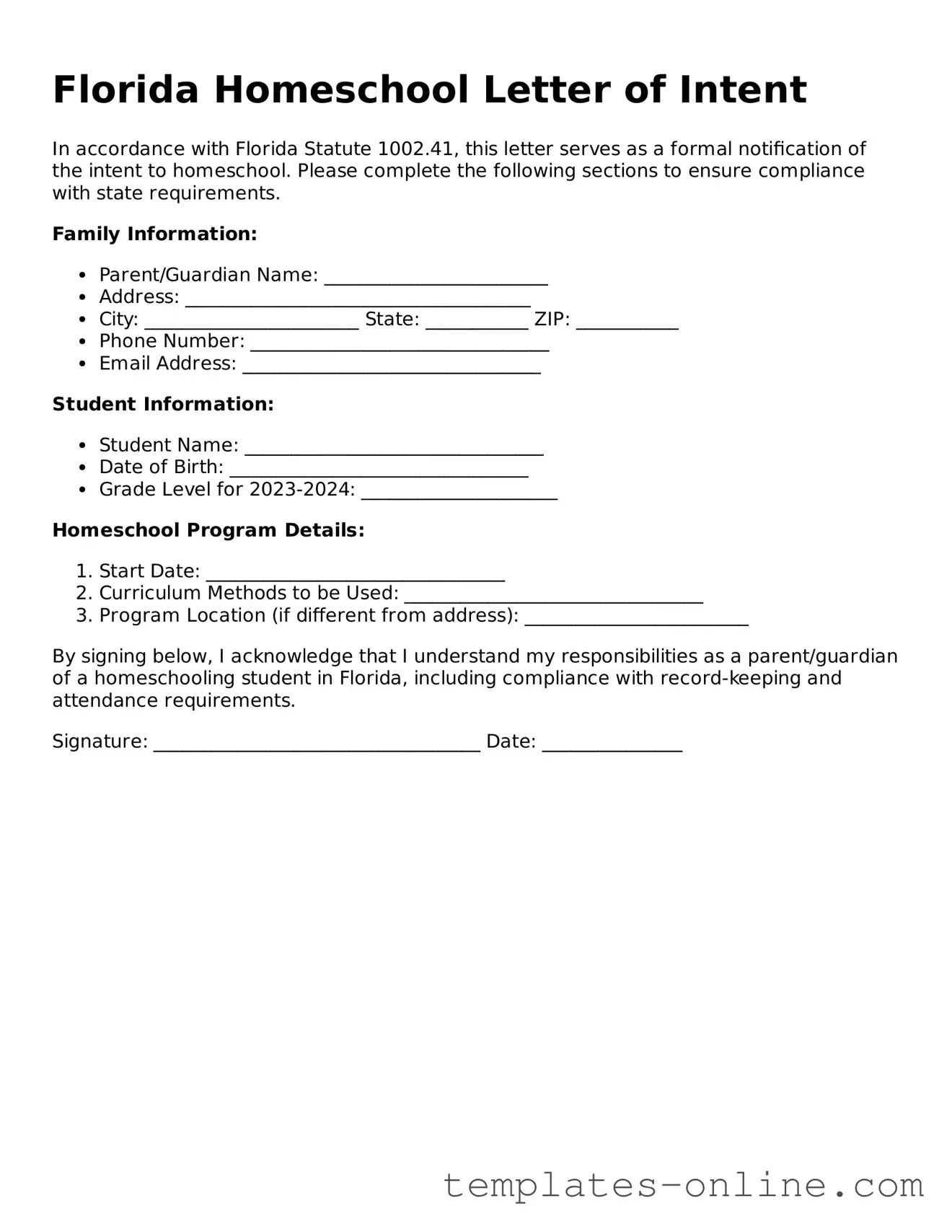 Valid  Homeschool Letter of Intent Template for Florida