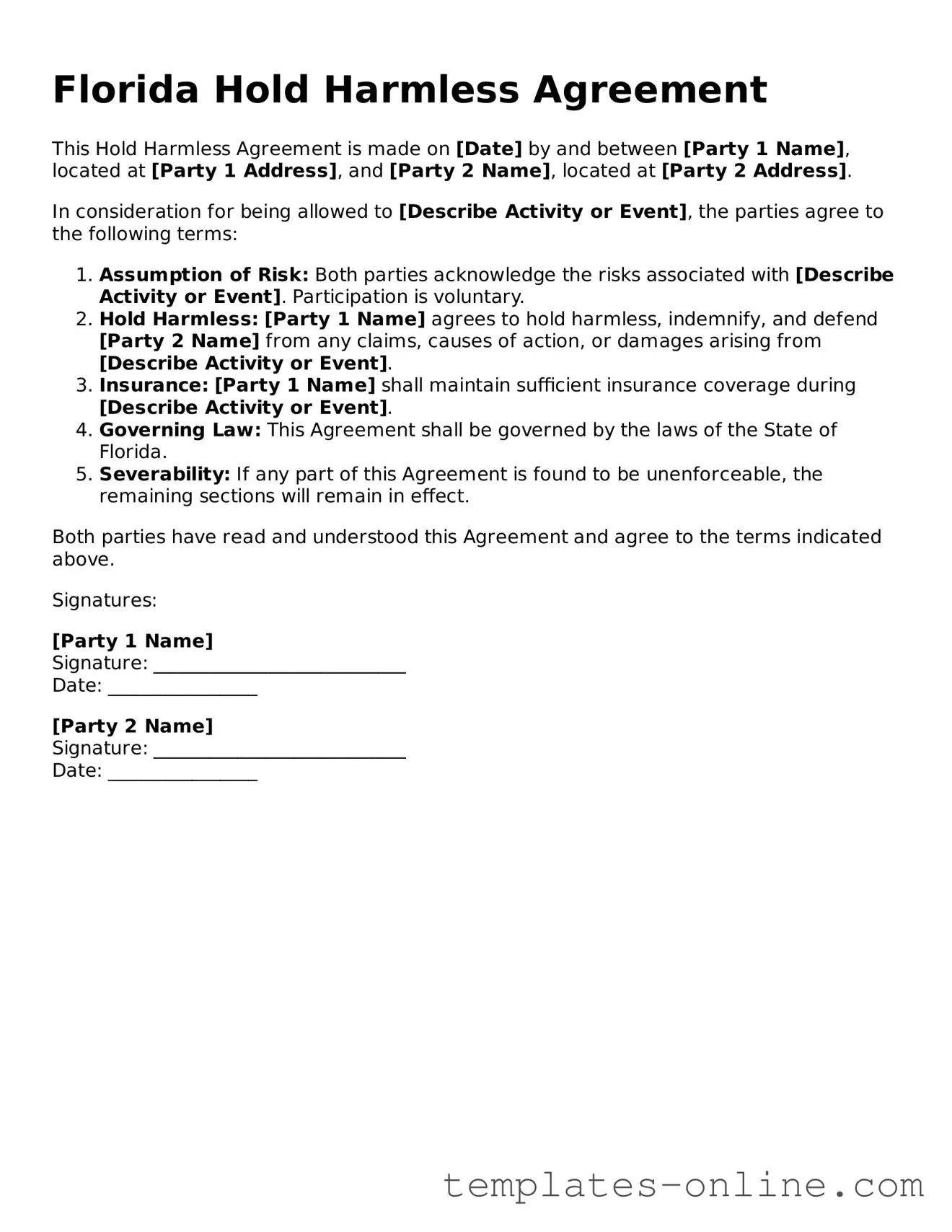 Valid  Hold Harmless Agreement Template for Florida