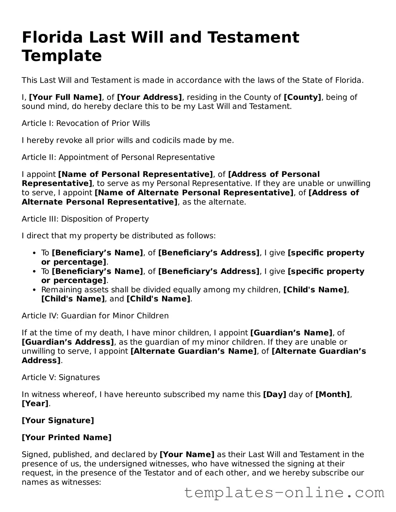 Valid  Last Will and Testament Template for Florida