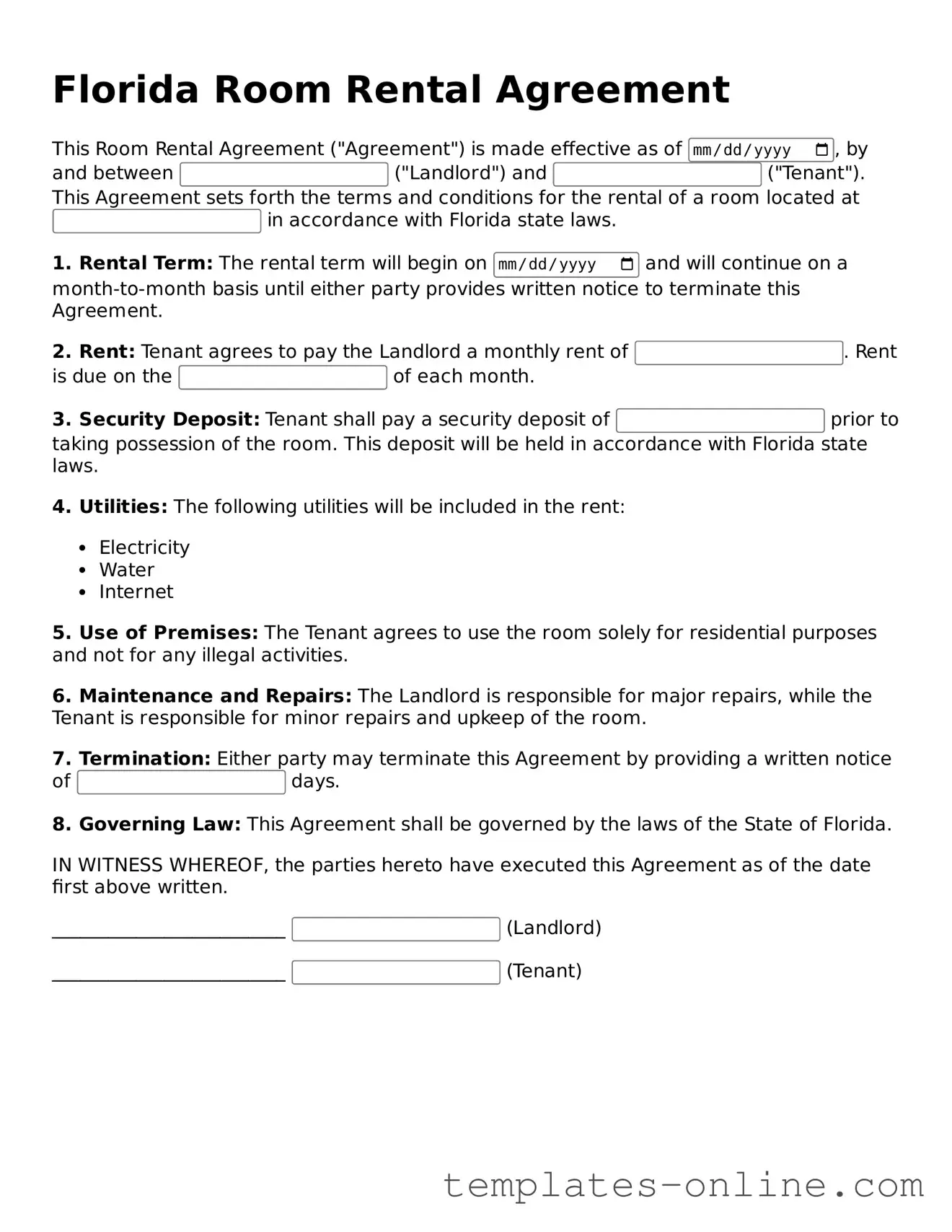 Valid  Room Rental Agreement Template for Florida