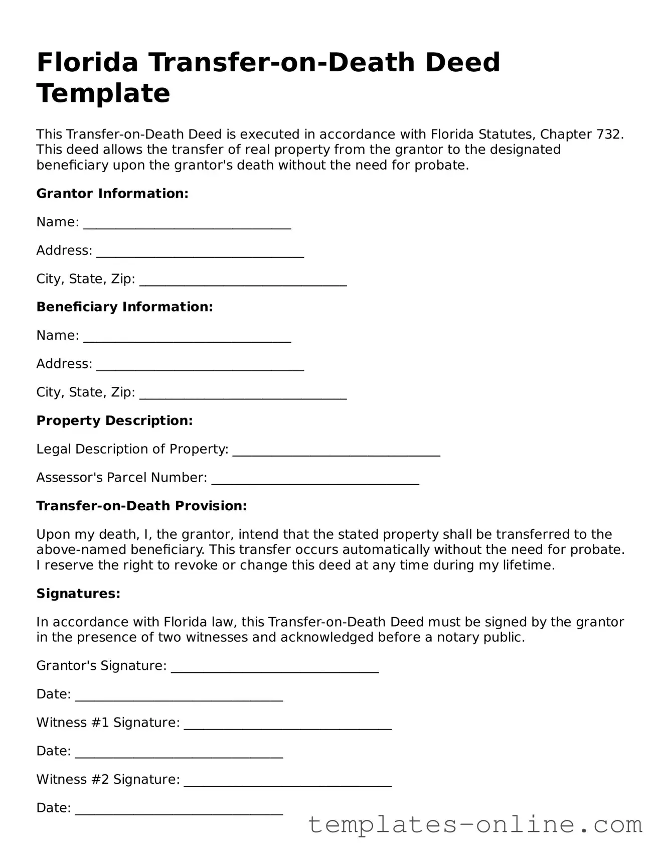 Valid  Transfer-on-Death Deed Template for Florida