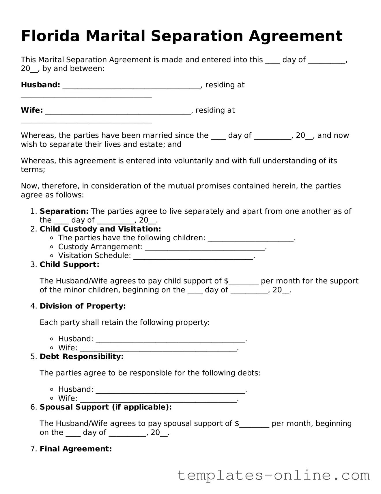 Valid  Marital Separation Agreement Template for Florida