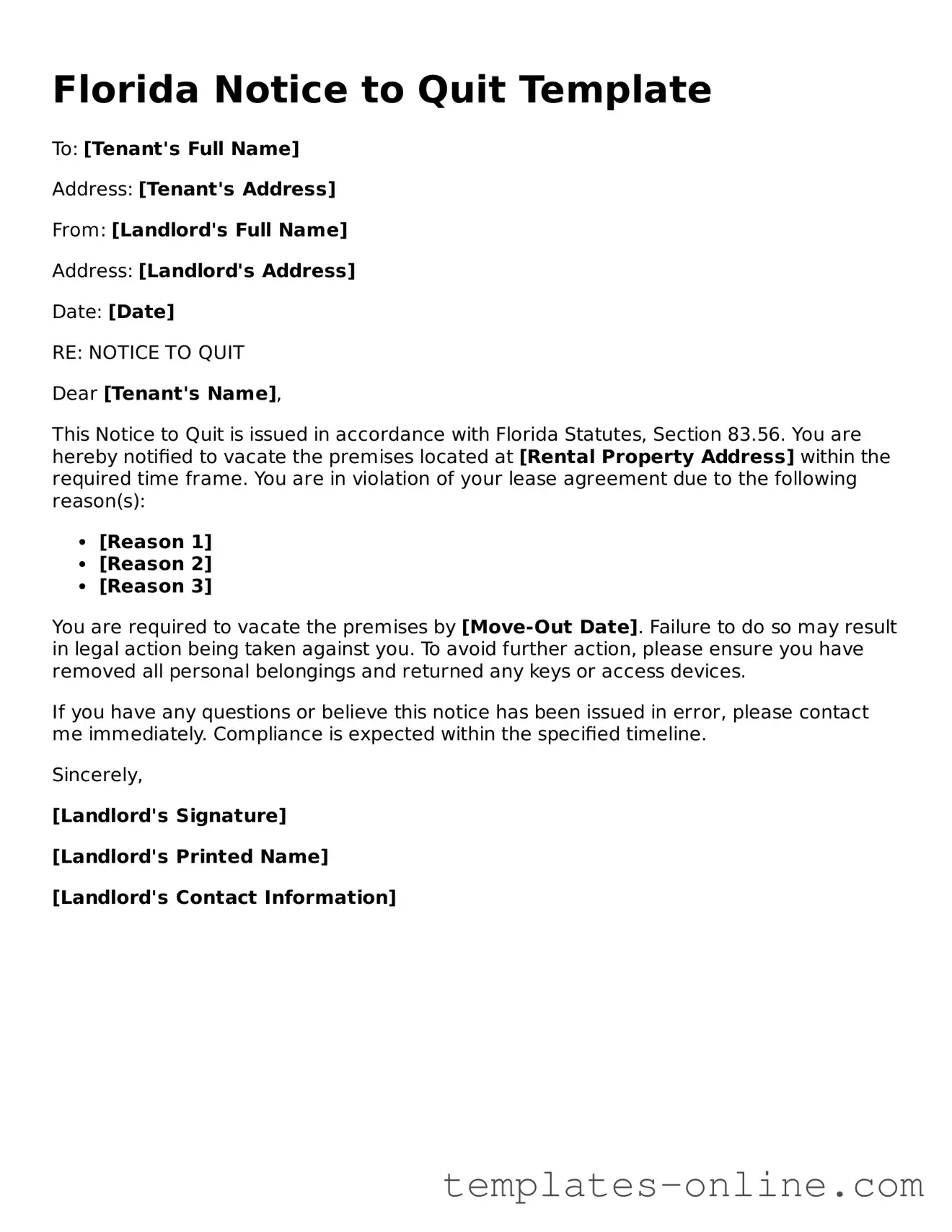 Valid  Notice to Quit Template for Florida