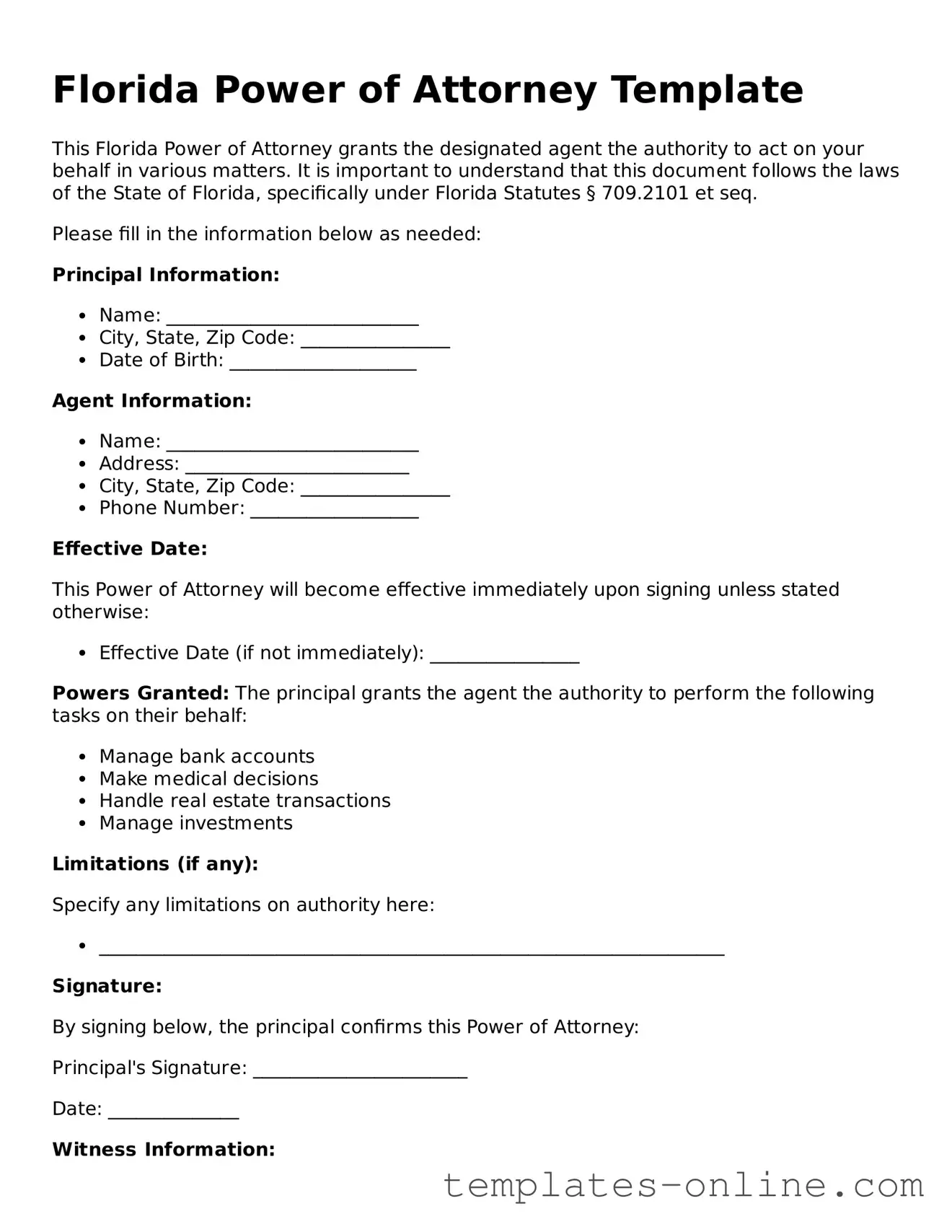 Valid  Power of Attorney Template for Florida