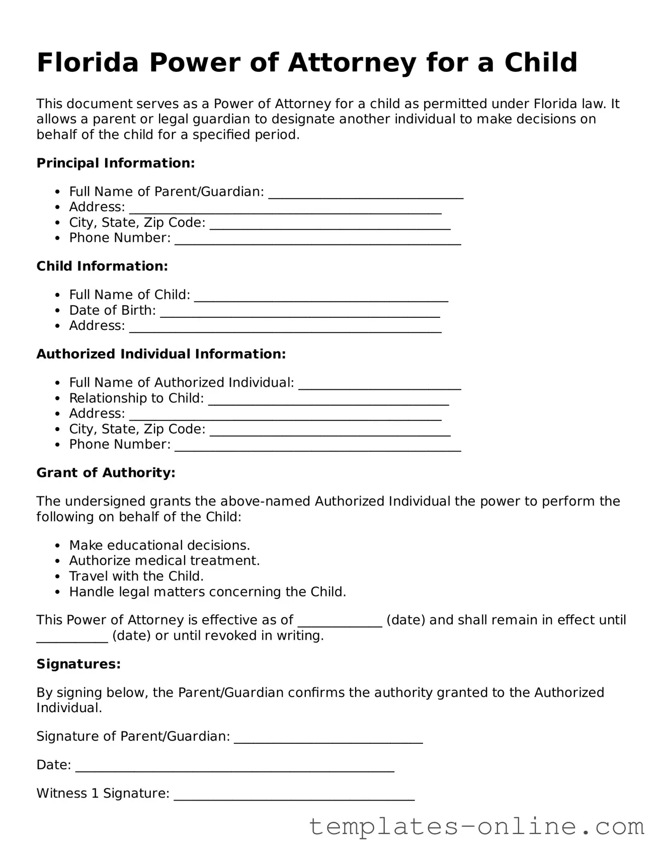 Valid  Power of Attorney for a Child Template for Florida