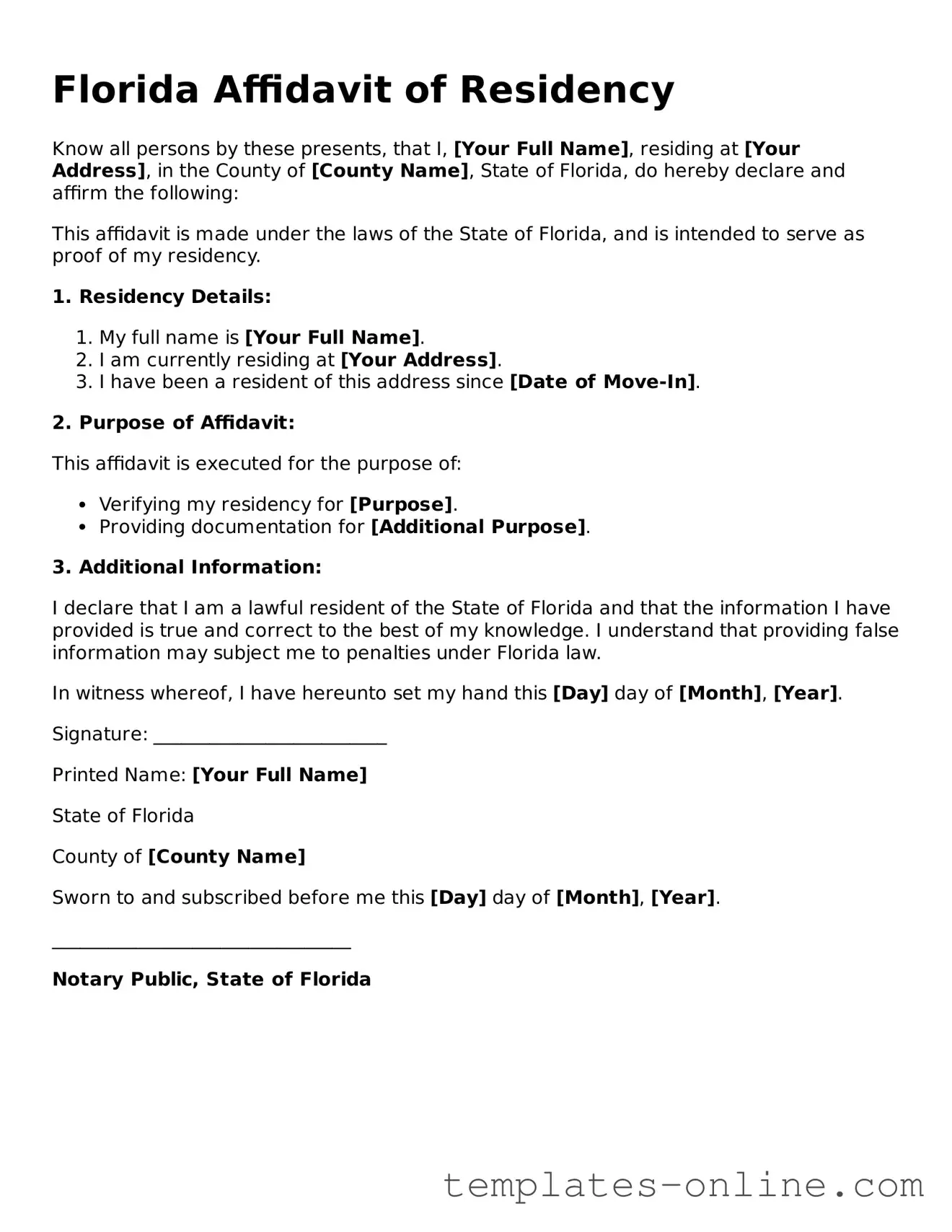 Valid  Affidavit of Residency Template for Florida