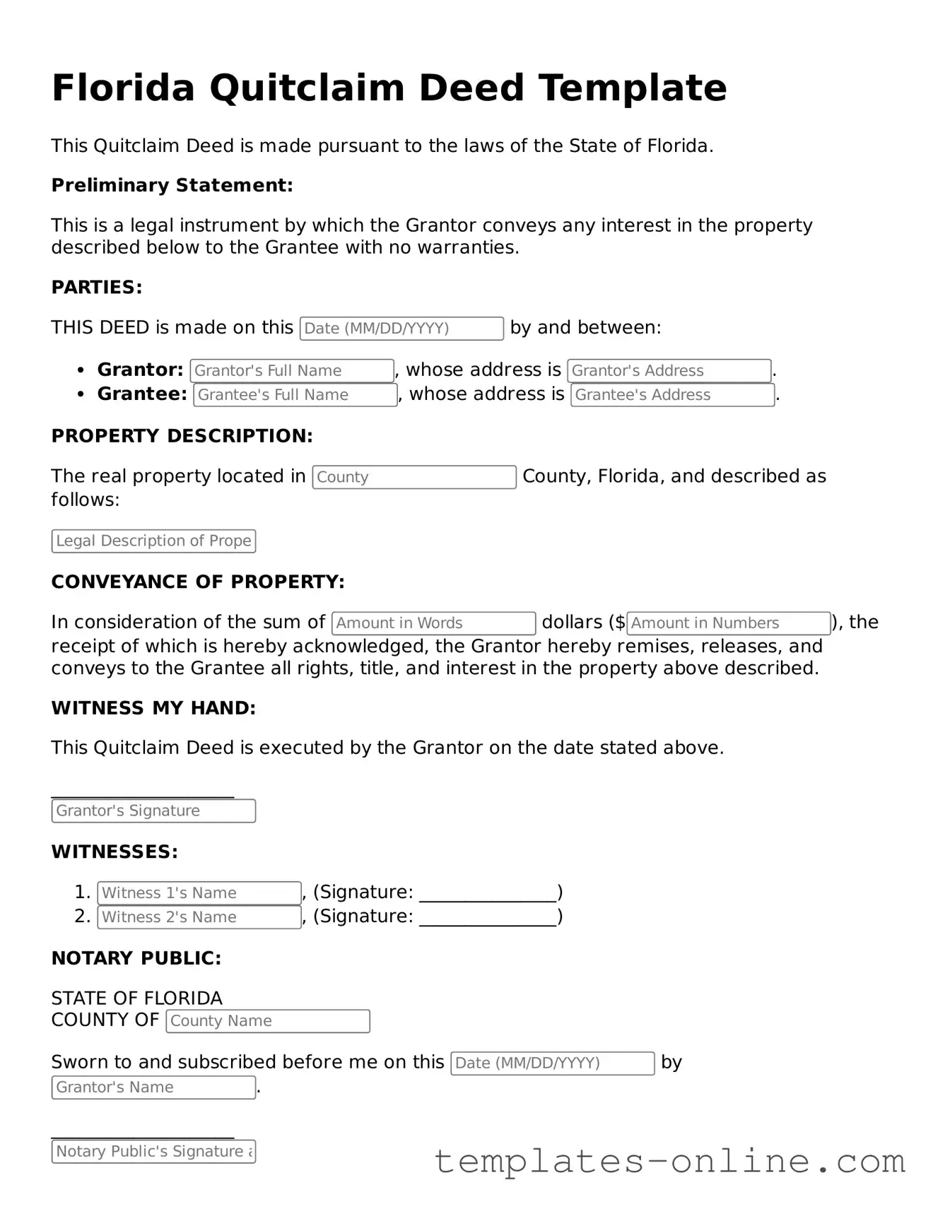 Valid  Quitclaim Deed Template for Florida