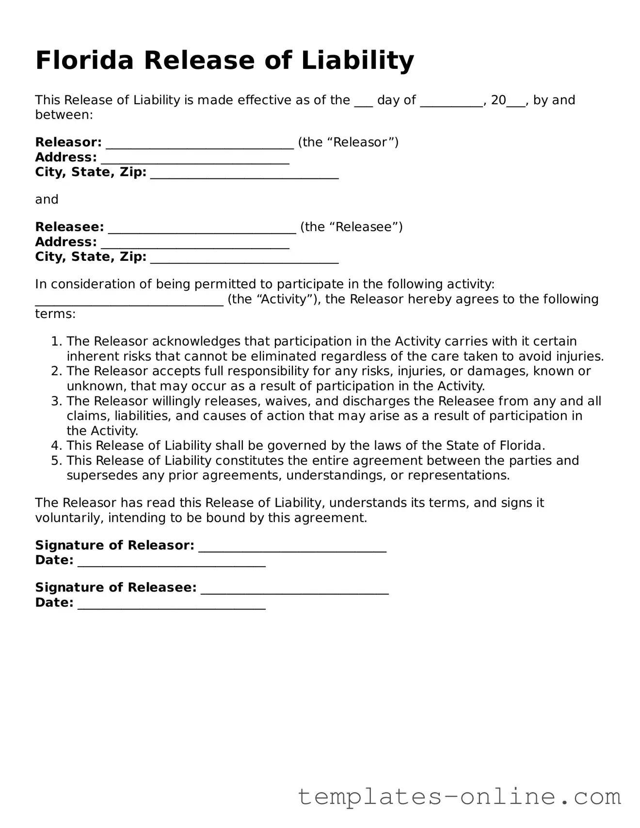 Valid  Release of Liability Template for Florida