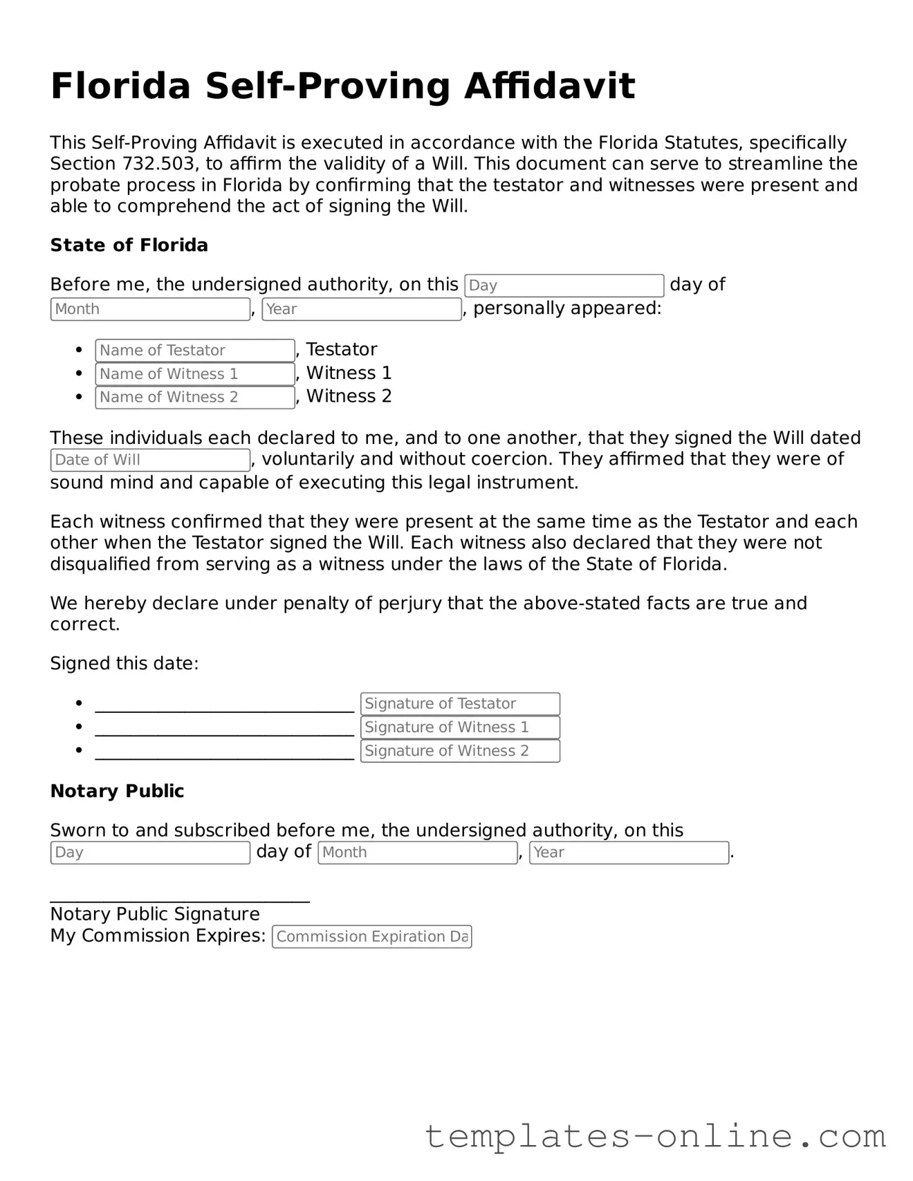 Valid  Self-Proving Affidavit Template for Florida