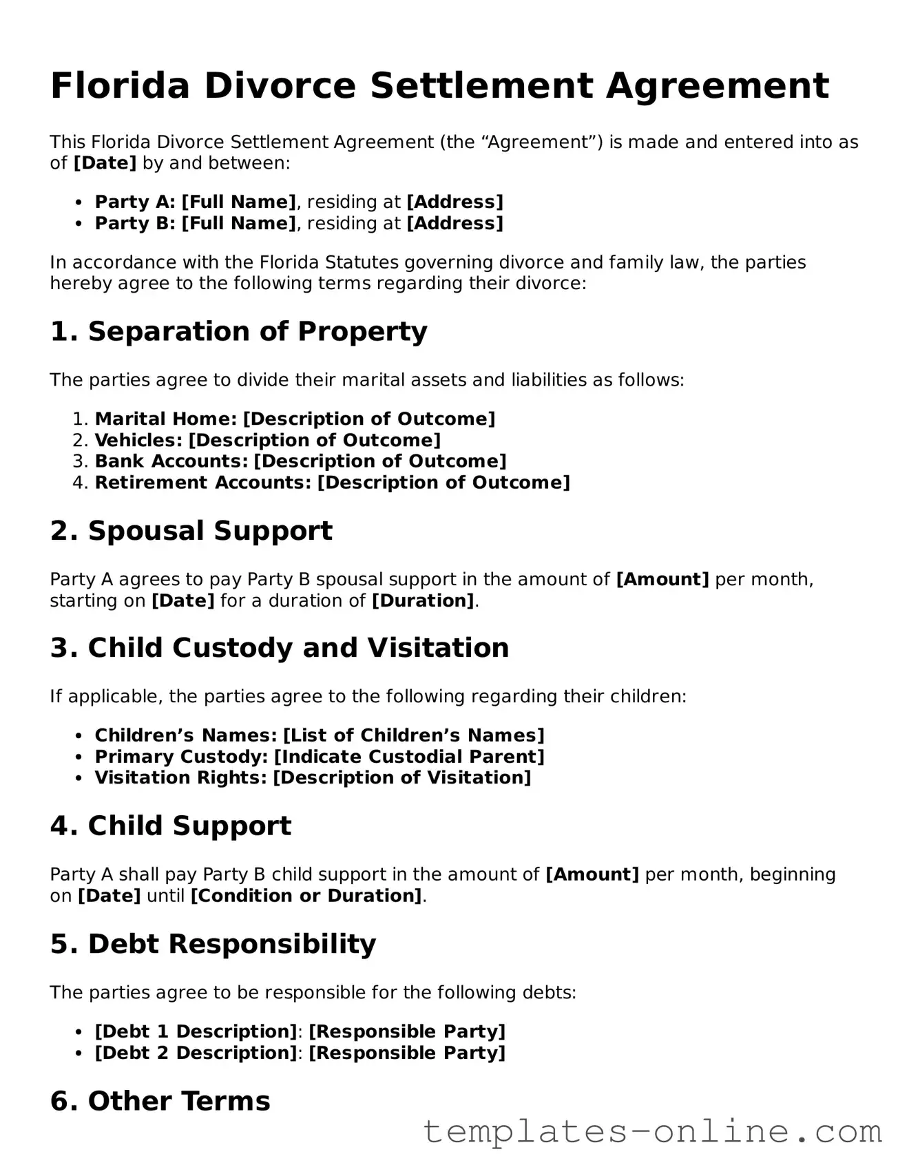Valid  Divorce Settlement Agreement Template for Florida
