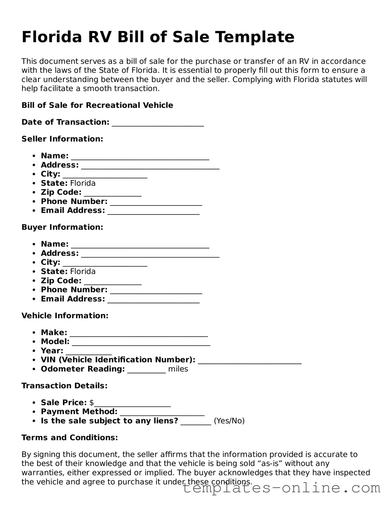 Valid  RV Bill of Sale Template for Florida