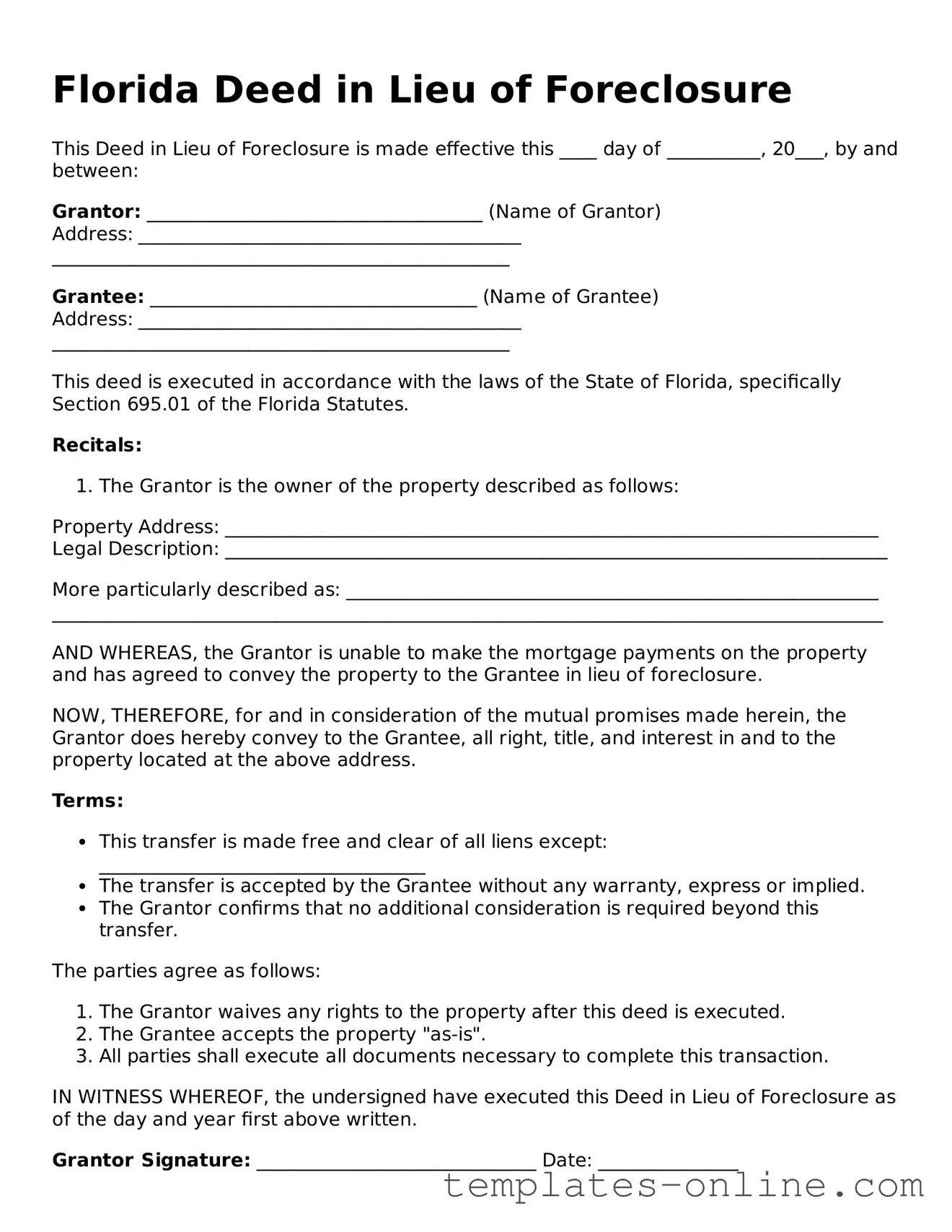 Valid  Deed in Lieu of Foreclosure Template for Florida
