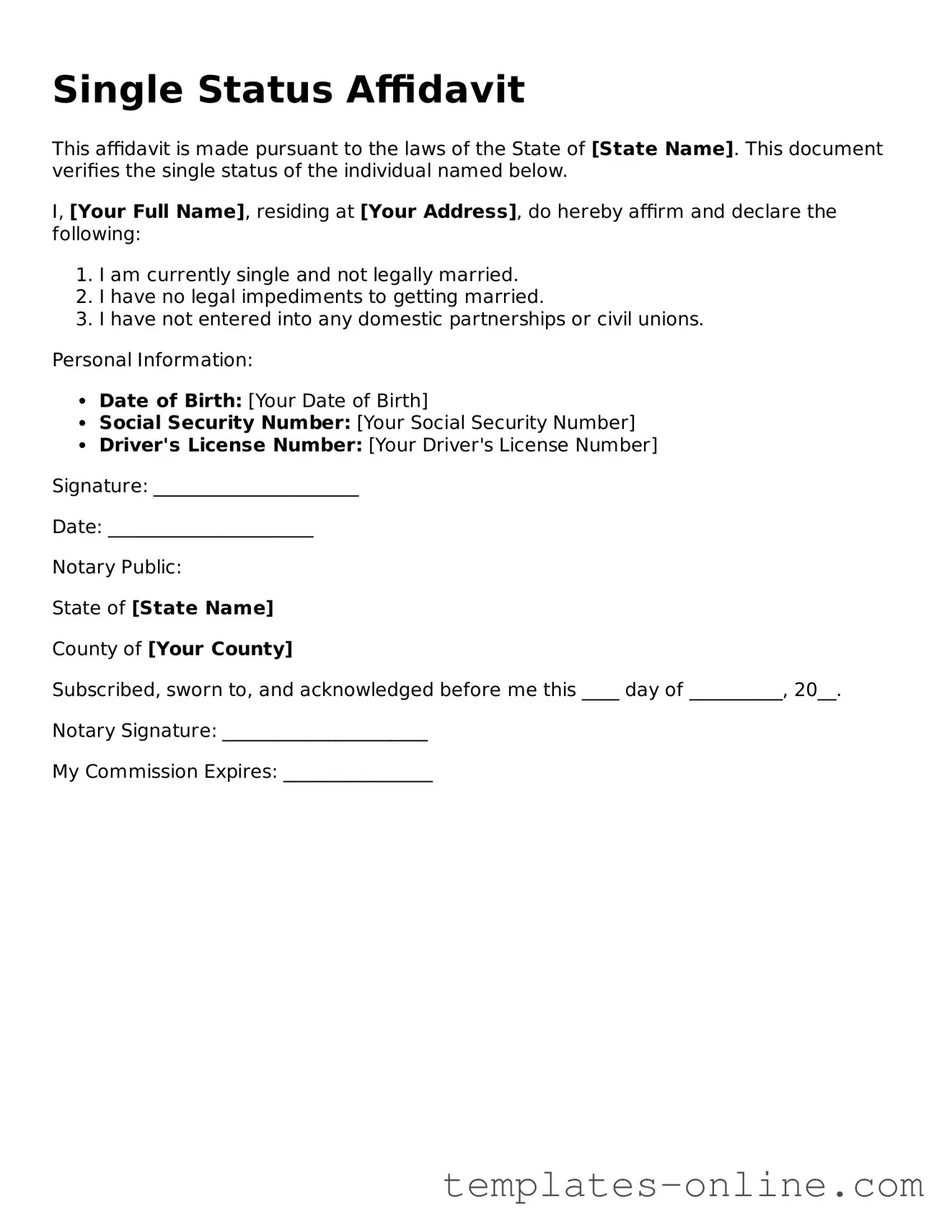 Attorney-Verified Single Status Affidavit Template