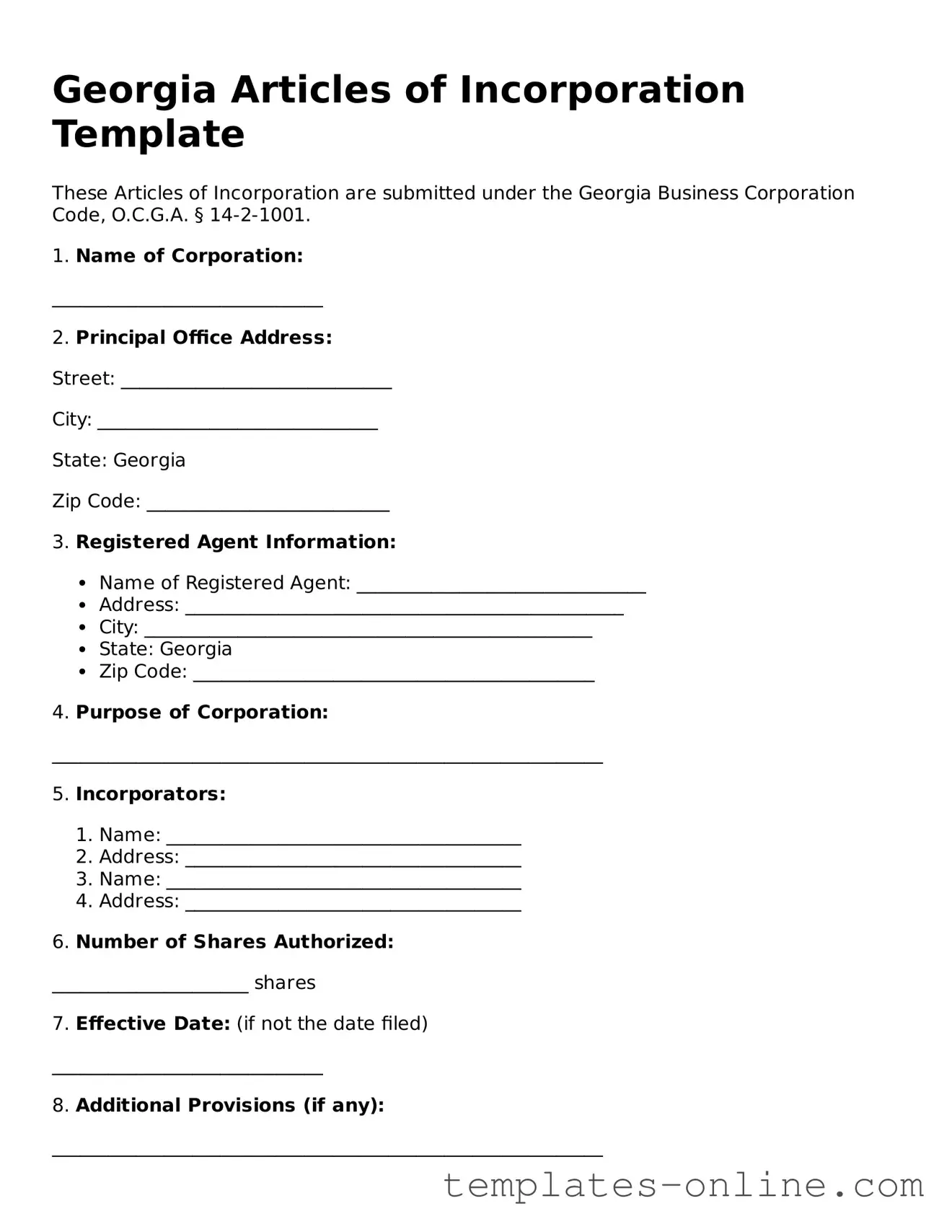 Valid  Articles of Incorporation Template for Georgia