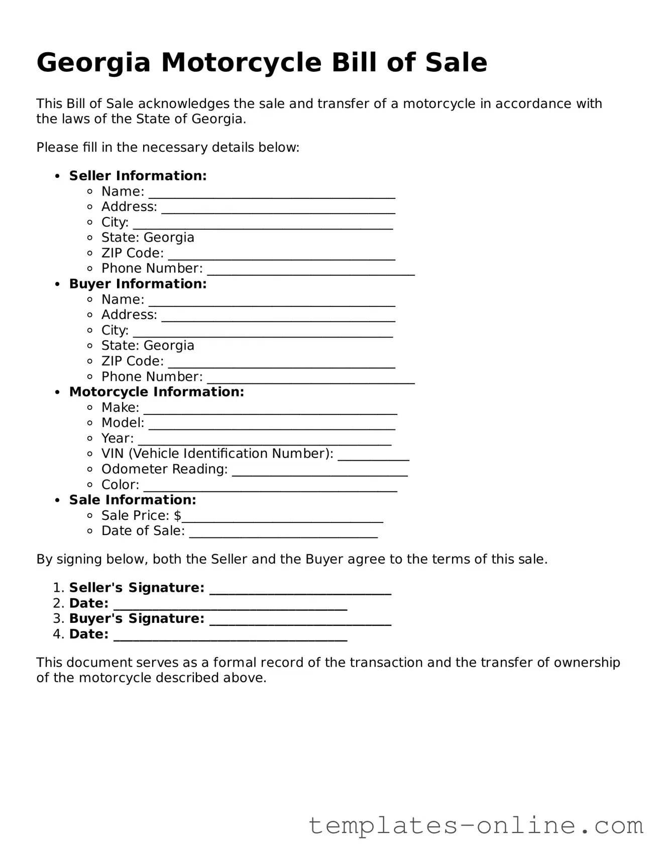 Valid  Motorcycle Bill of Sale Template for Georgia