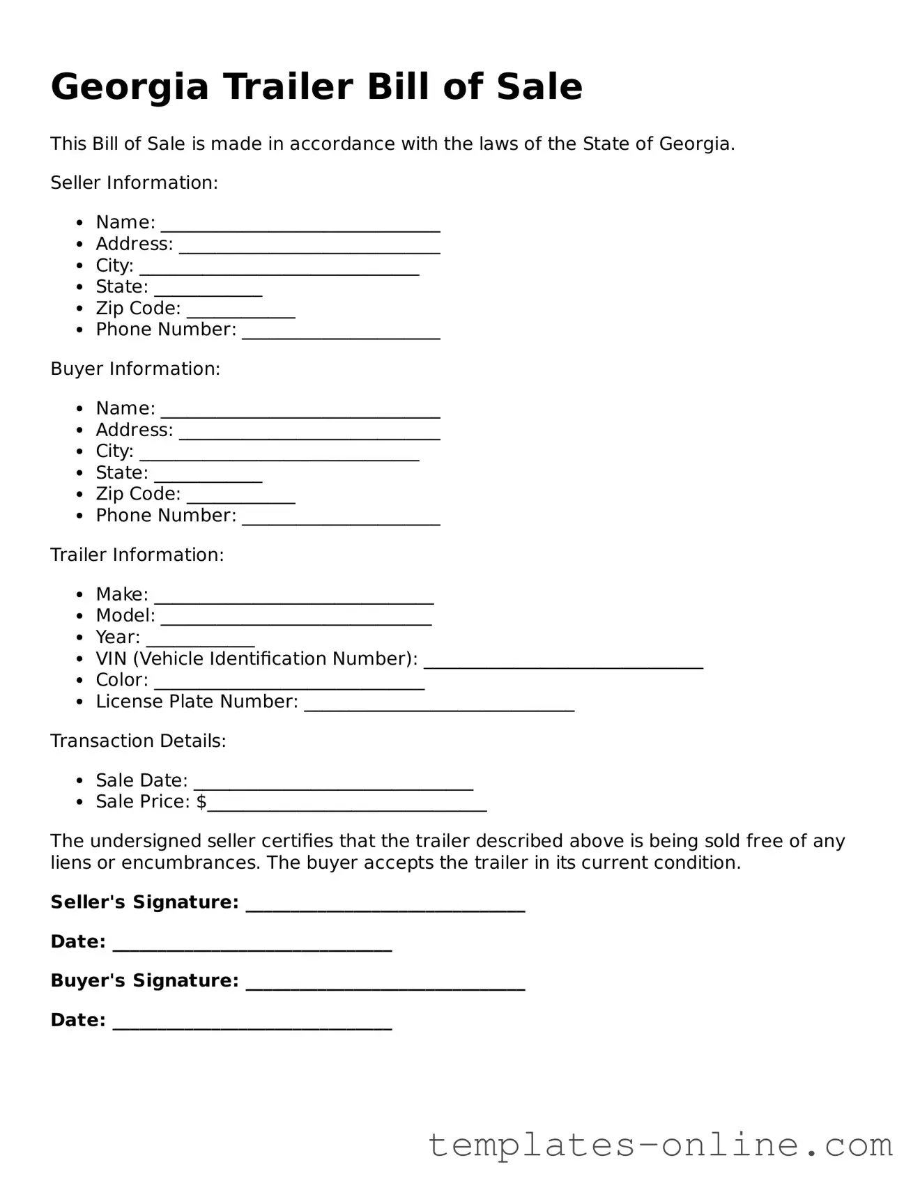Valid  Trailer Bill of Sale Template for Georgia
