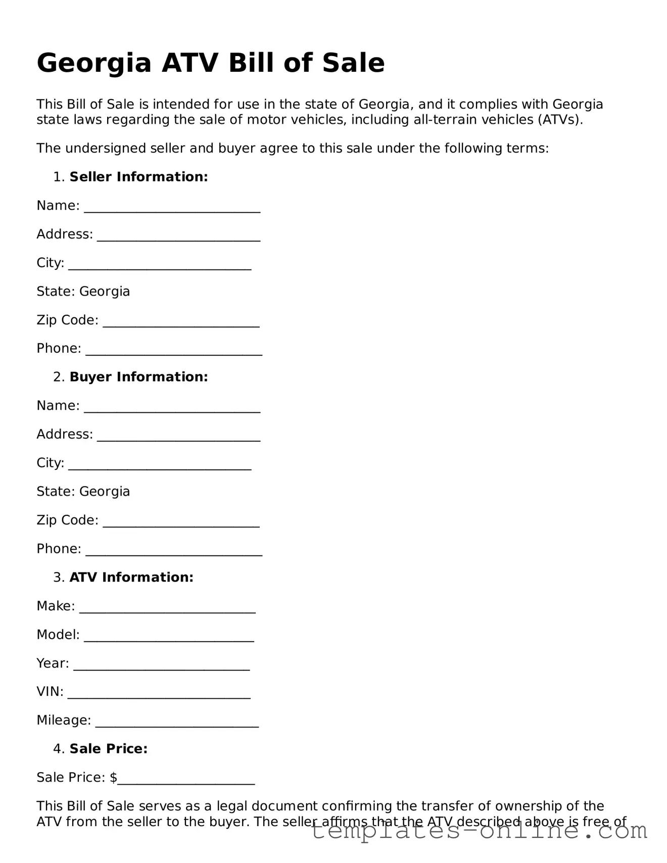 Valid  ATV Bill of Sale Template for Georgia
