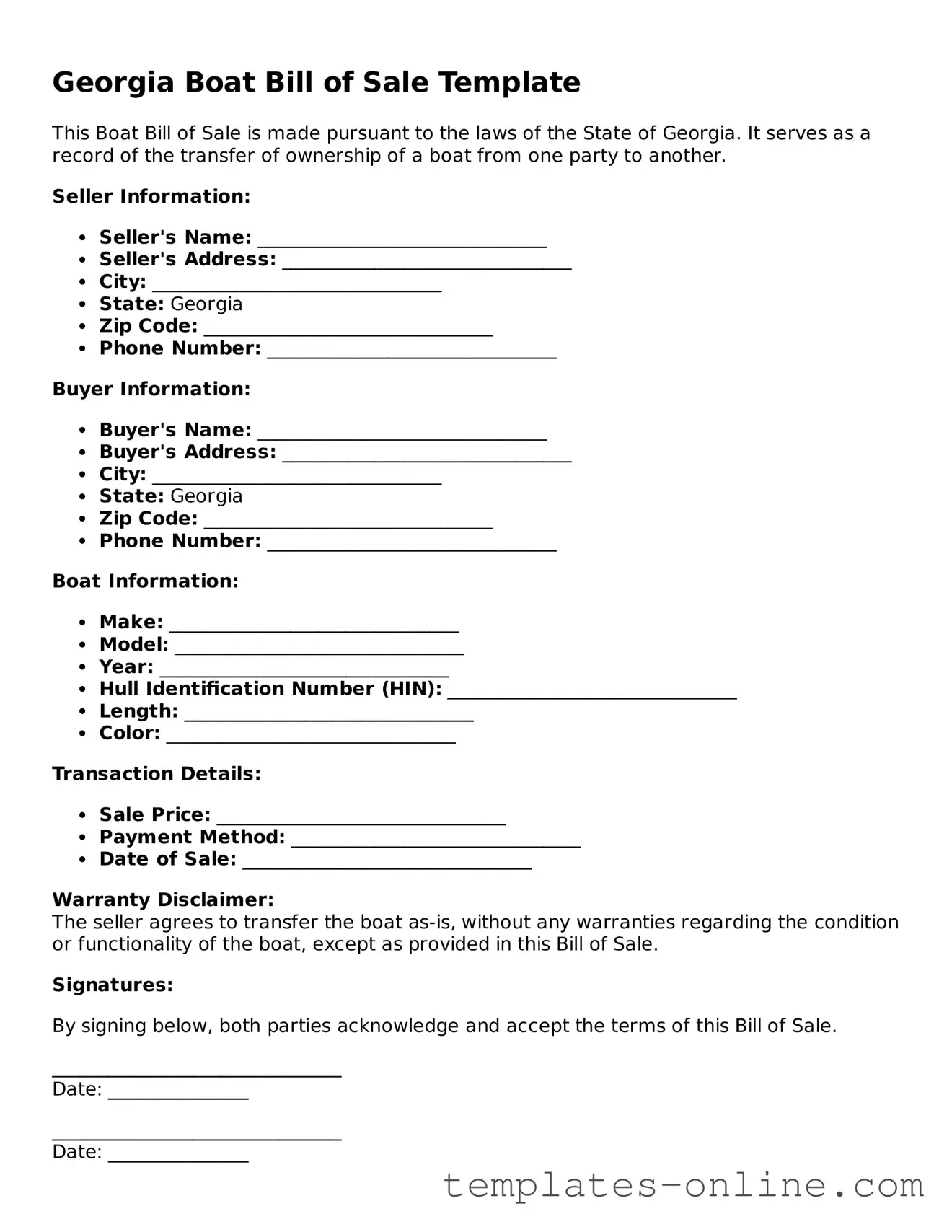 Valid  Boat Bill of Sale Template for Georgia