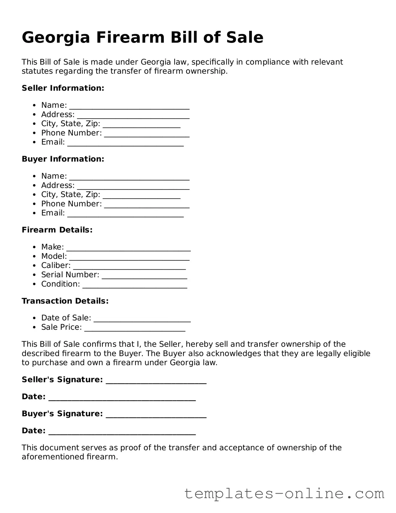 Valid  Firearm Bill of Sale Template for Georgia