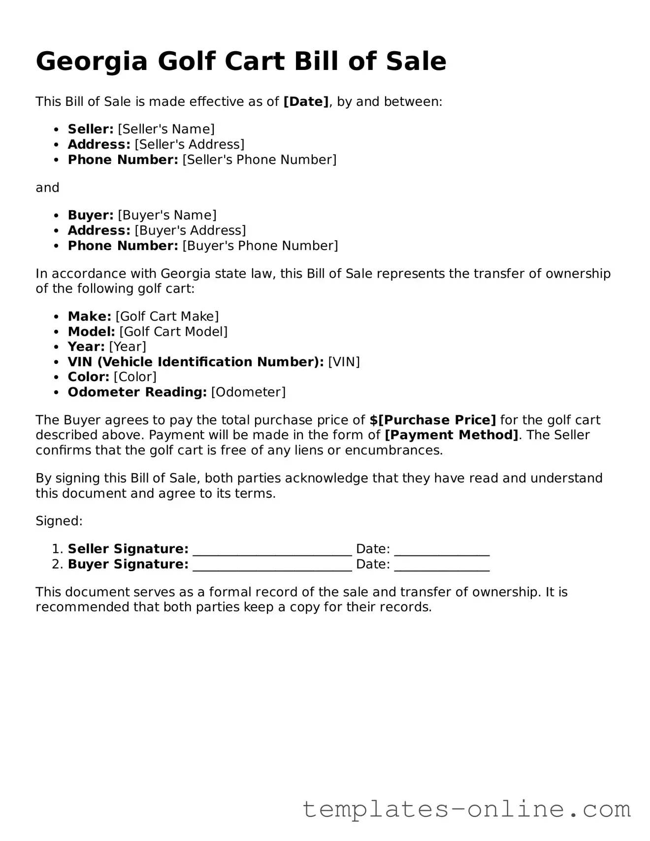 Valid  Golf Cart Bill of Sale Template for Georgia