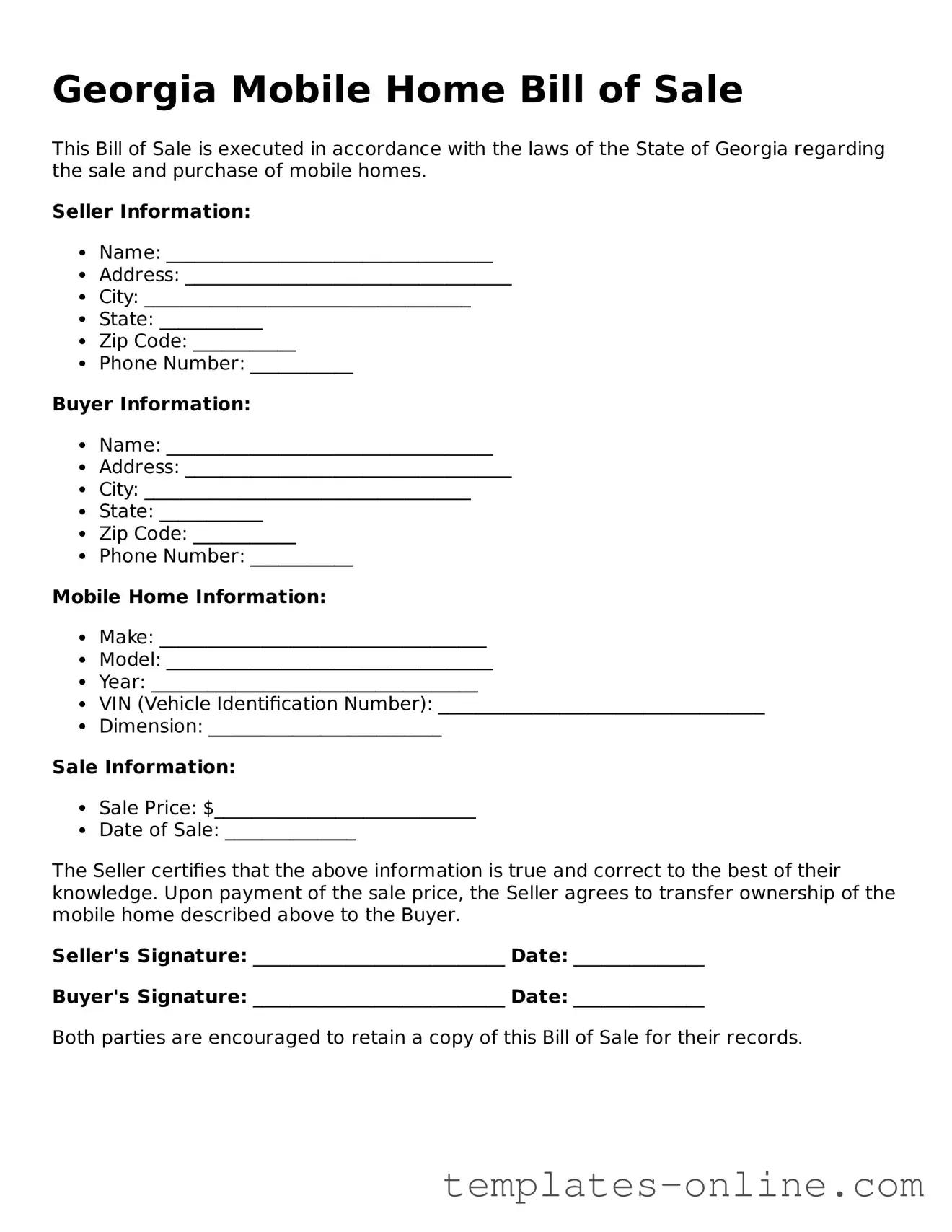 Valid  Mobile Home Bill of Sale Template for Georgia