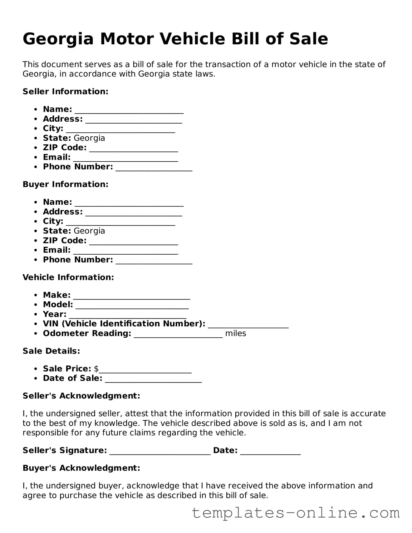 Valid  Motor Vehicle Bill of Sale Template for Georgia