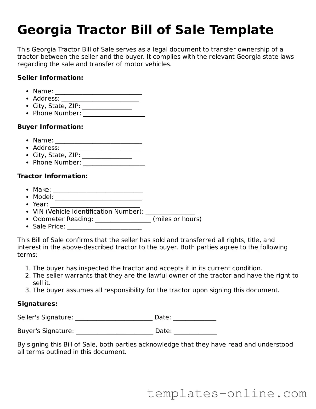 Valid  Tractor Bill of Sale Template for Georgia