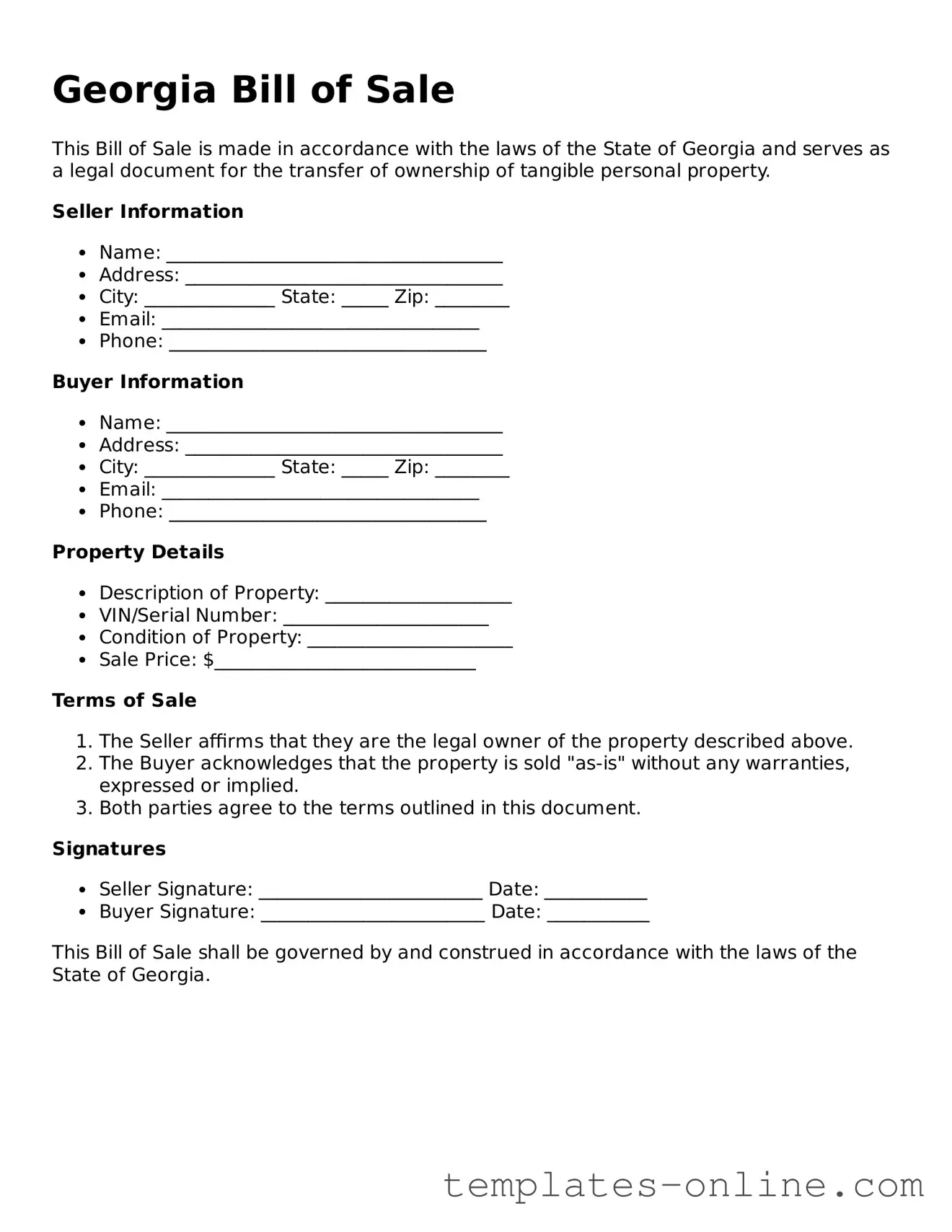 Valid  Bill of Sale Template for Georgia