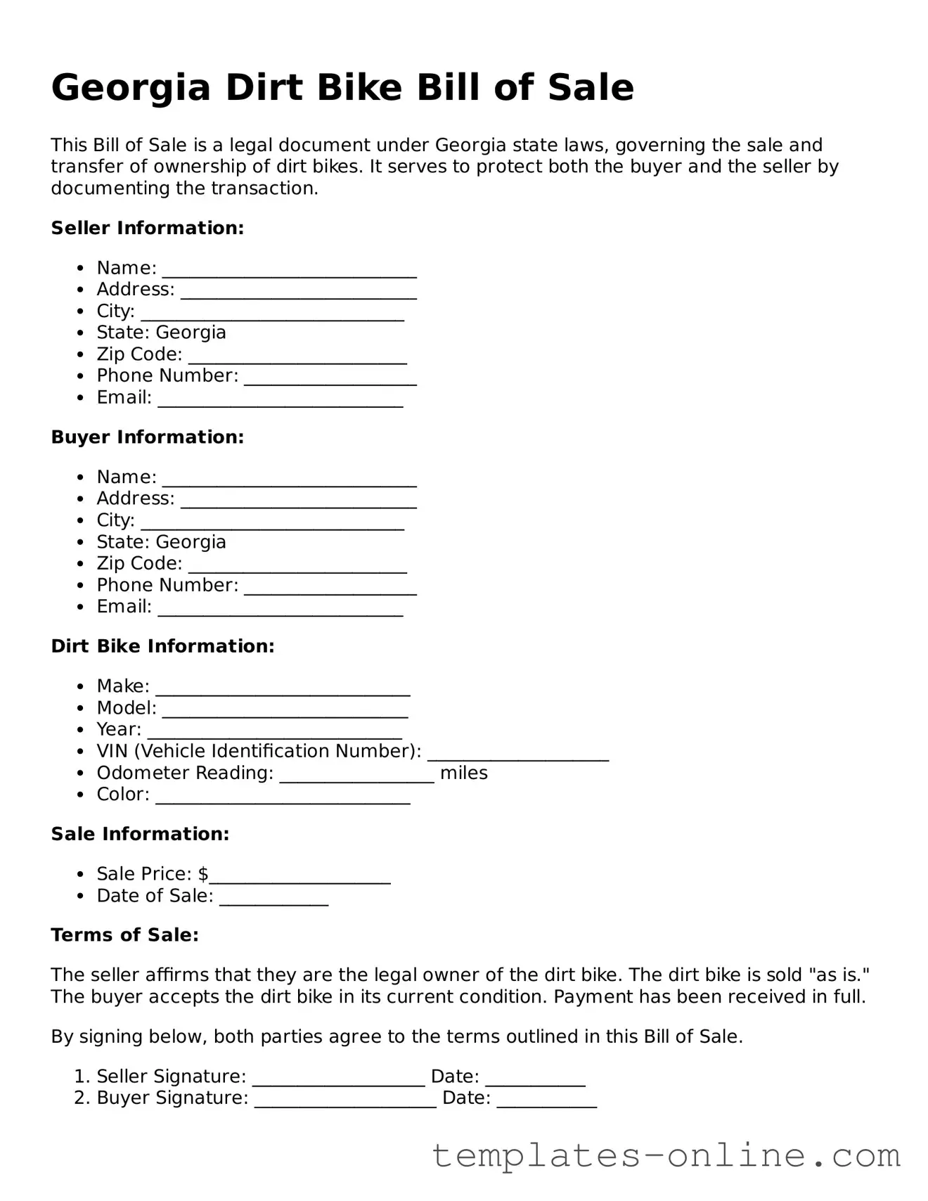 Valid  Dirt Bike Bill of Sale Template for Georgia