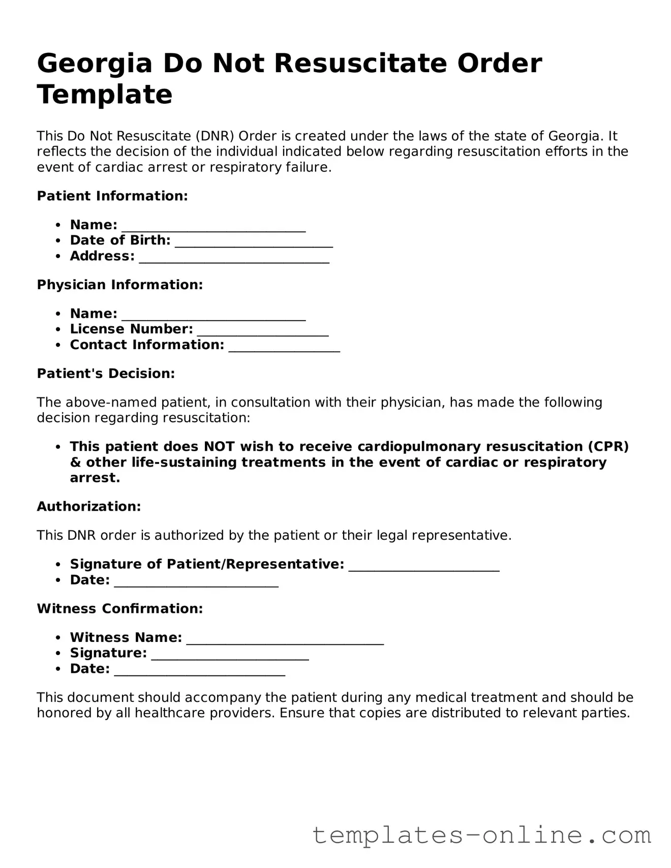 Valid  Do Not Resuscitate Order Template for Georgia