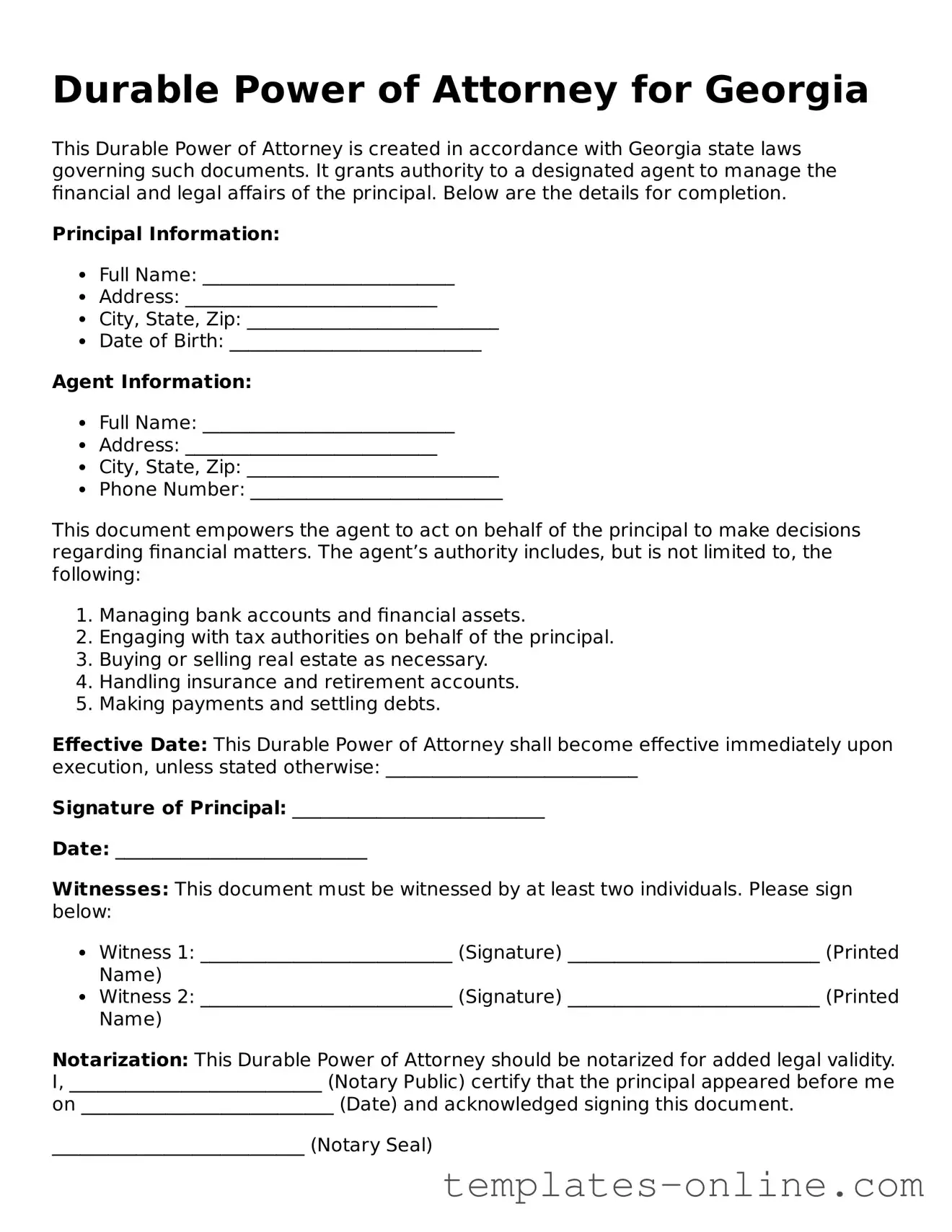 Valid  Durable Power of Attorney Template for Georgia