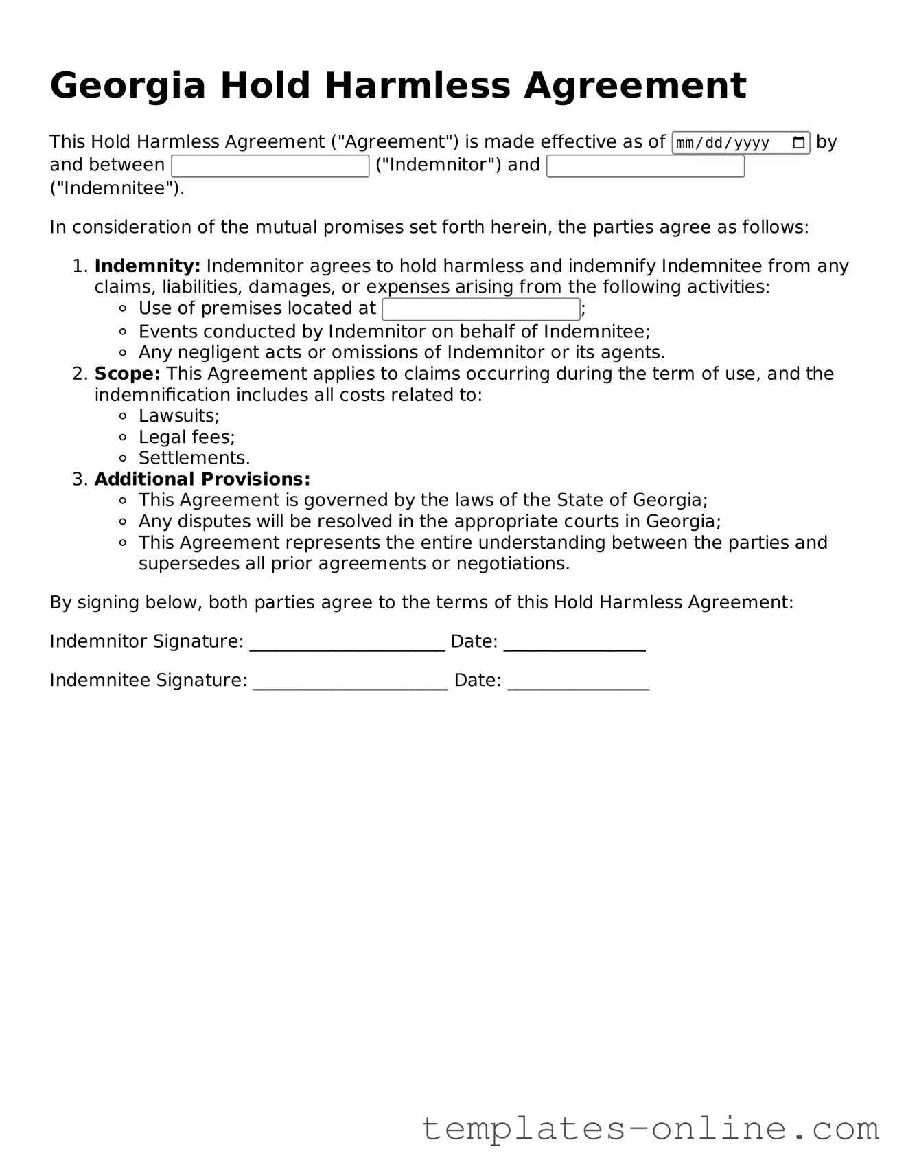Valid  Hold Harmless Agreement Template for Georgia