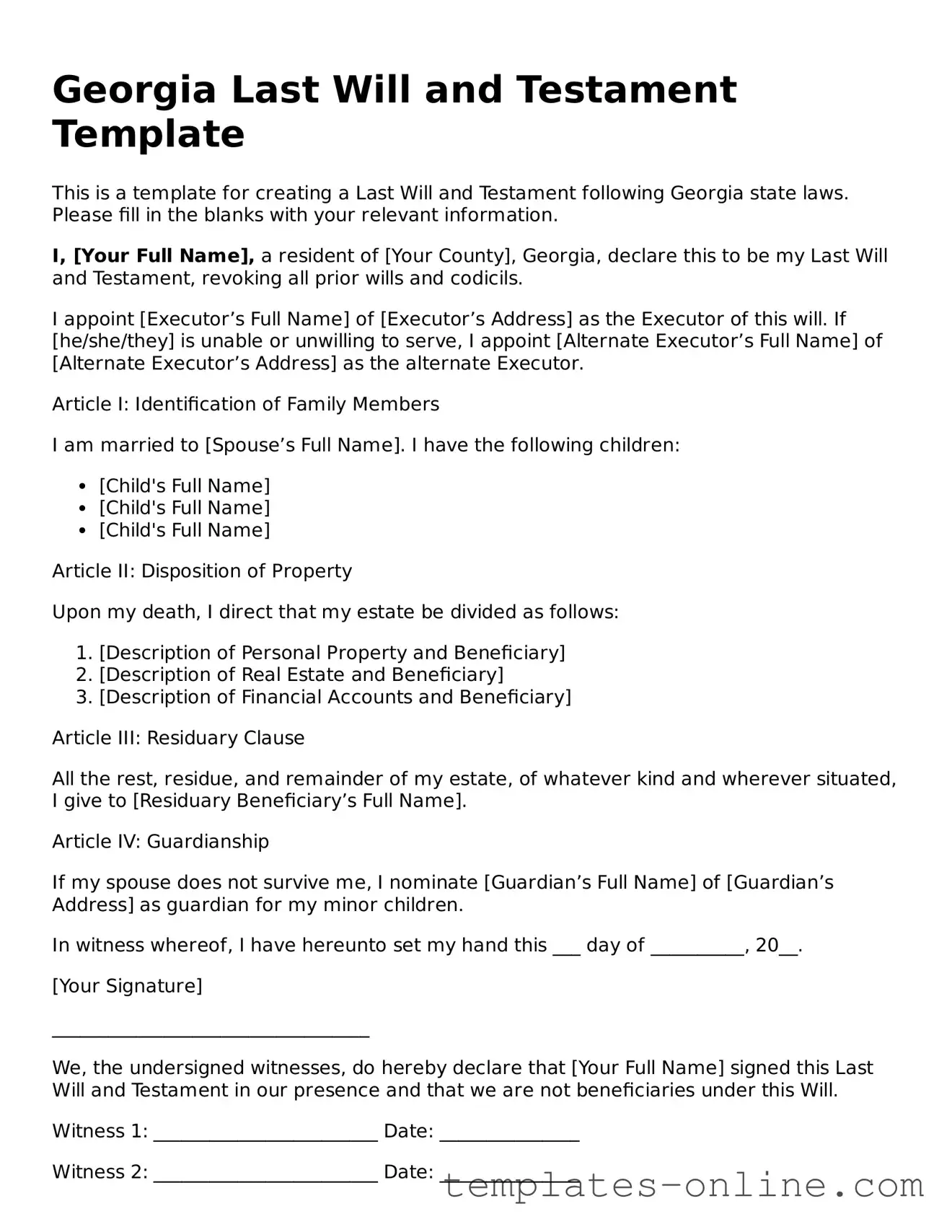 Valid  Last Will and Testament Template for Georgia