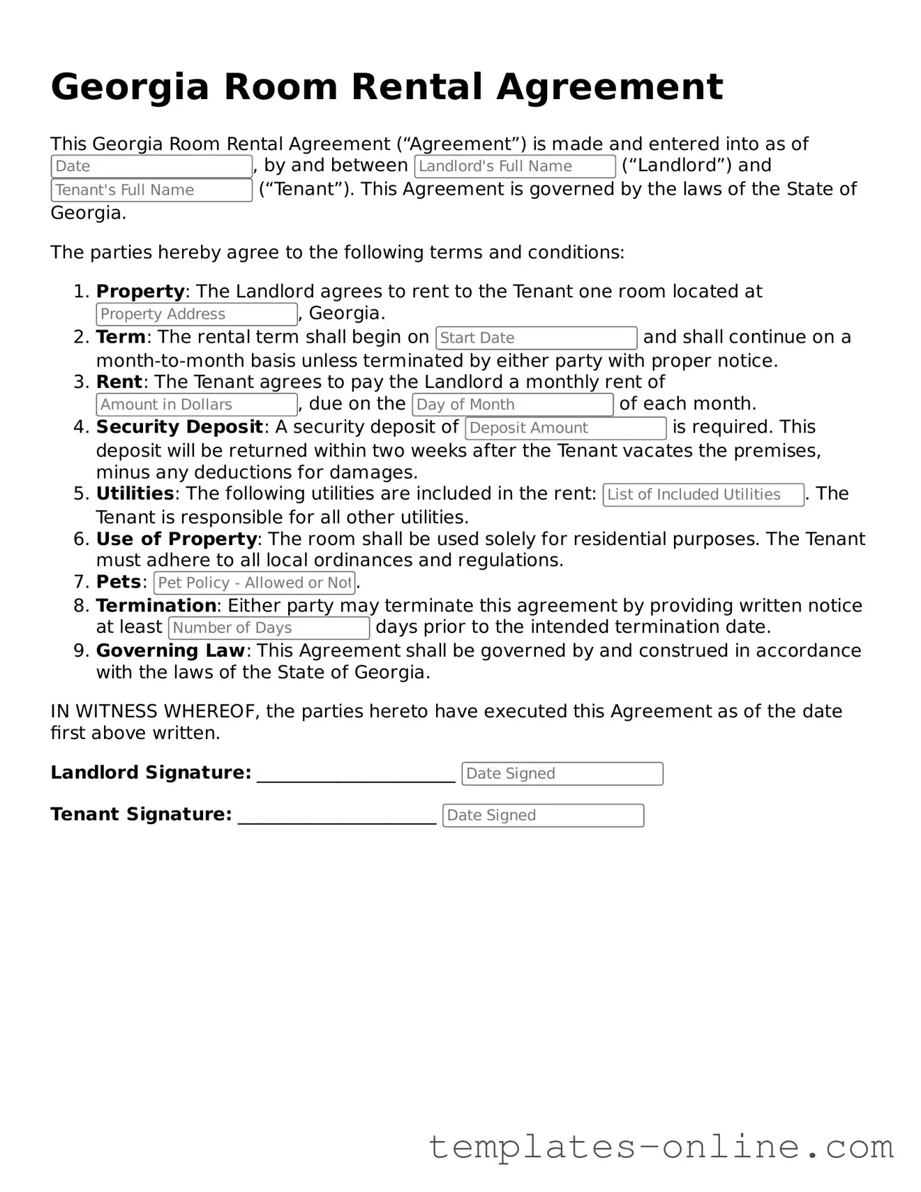 Valid  Room Rental Agreement Template for Georgia