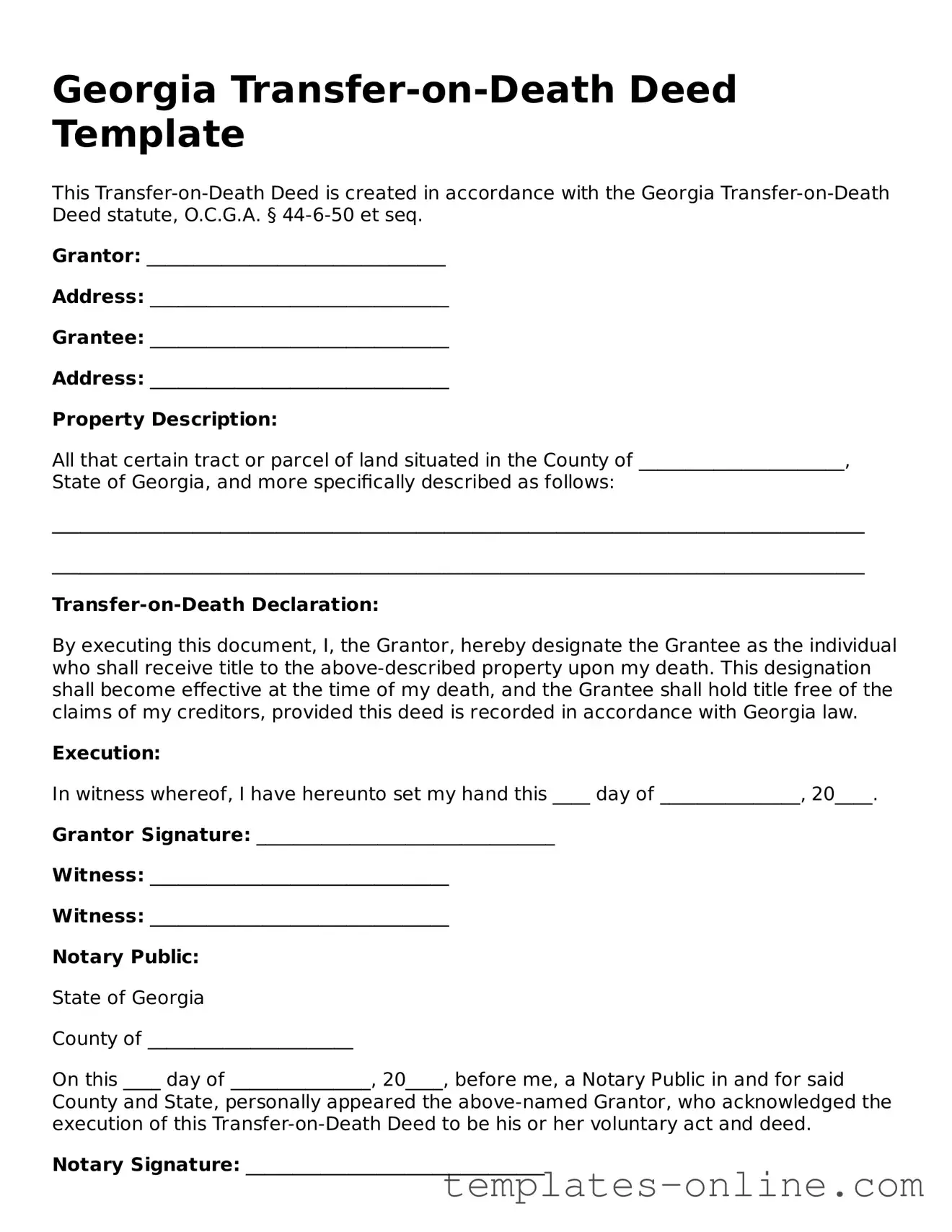 Valid  Transfer-on-Death Deed Template for Georgia
