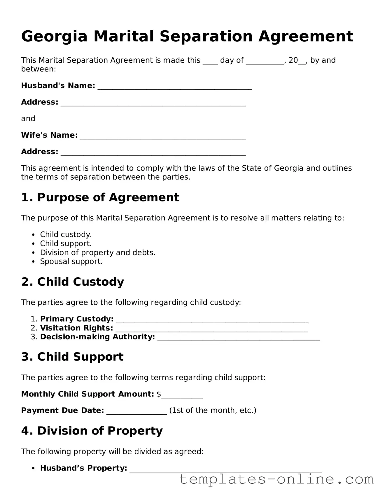 Valid  Marital Separation Agreement Template for Georgia