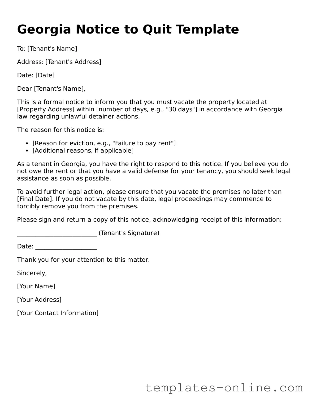 Valid  Notice to Quit Template for Georgia
