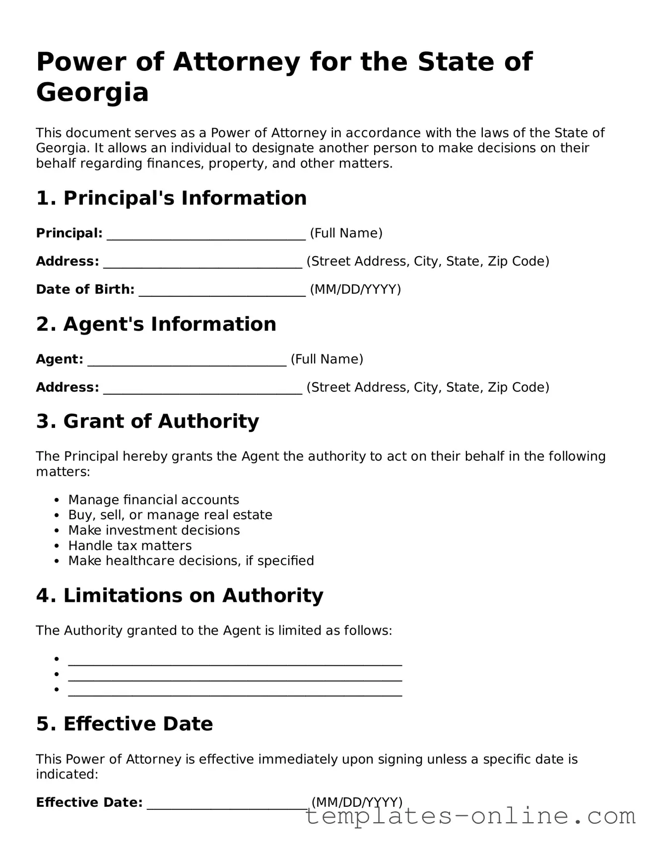 Valid  Power of Attorney Template for Georgia