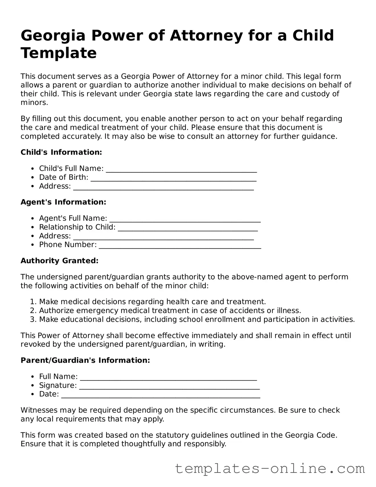 Valid  Power of Attorney for a Child Template for Georgia