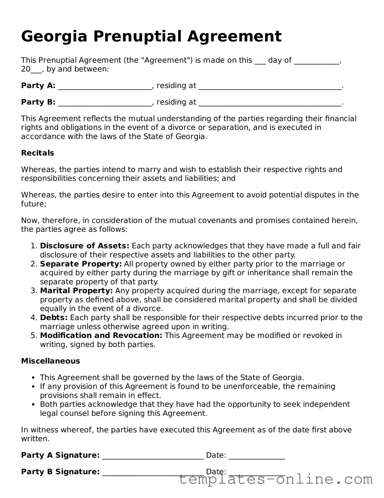Valid  Prenuptial Agreement Template for Georgia