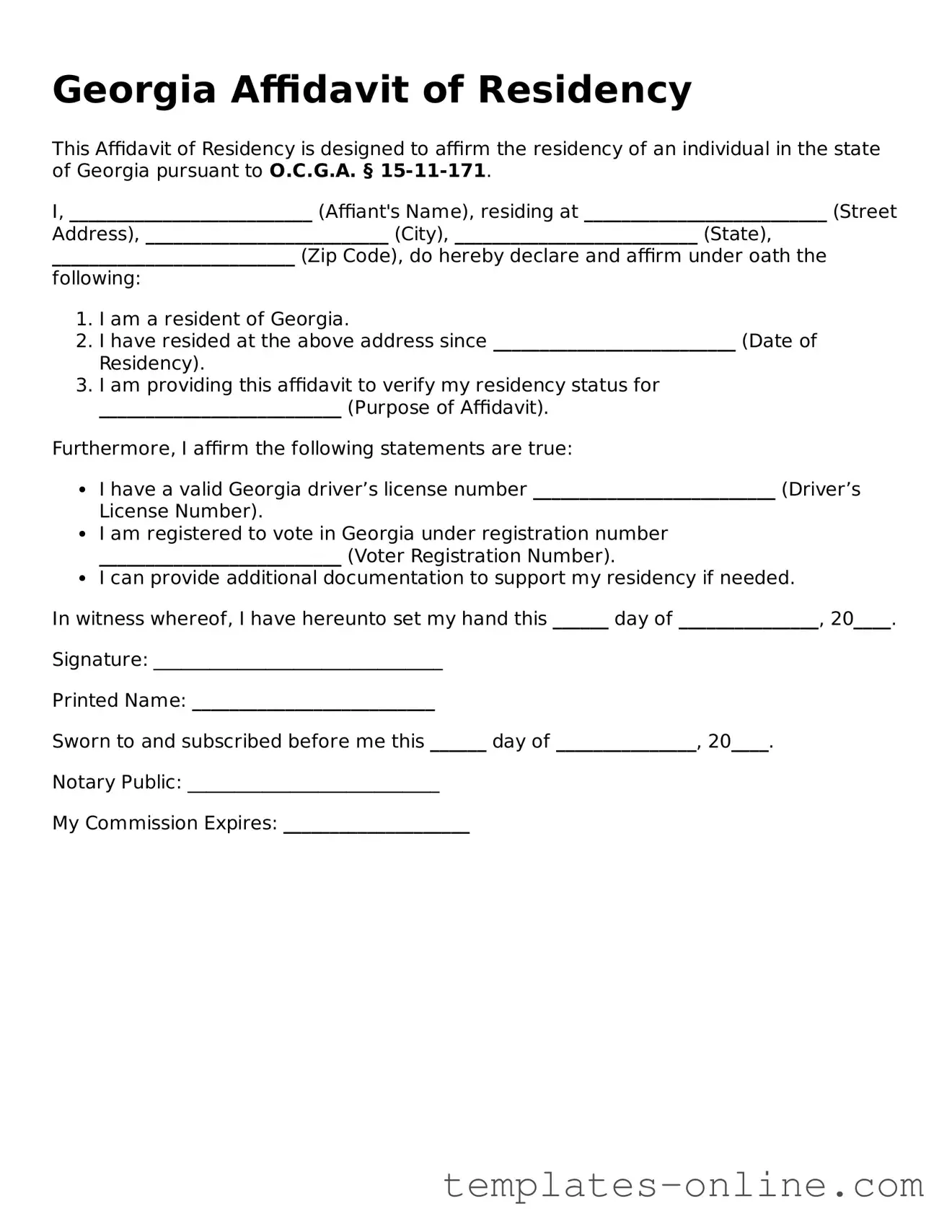 Valid  Affidavit of Residency Template for Georgia