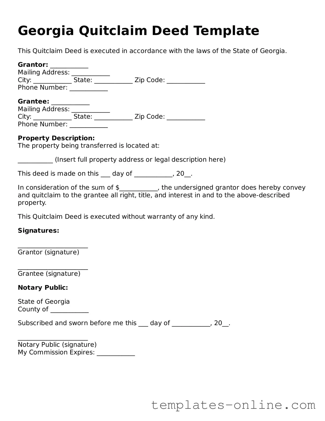 Valid  Quitclaim Deed Template for Georgia