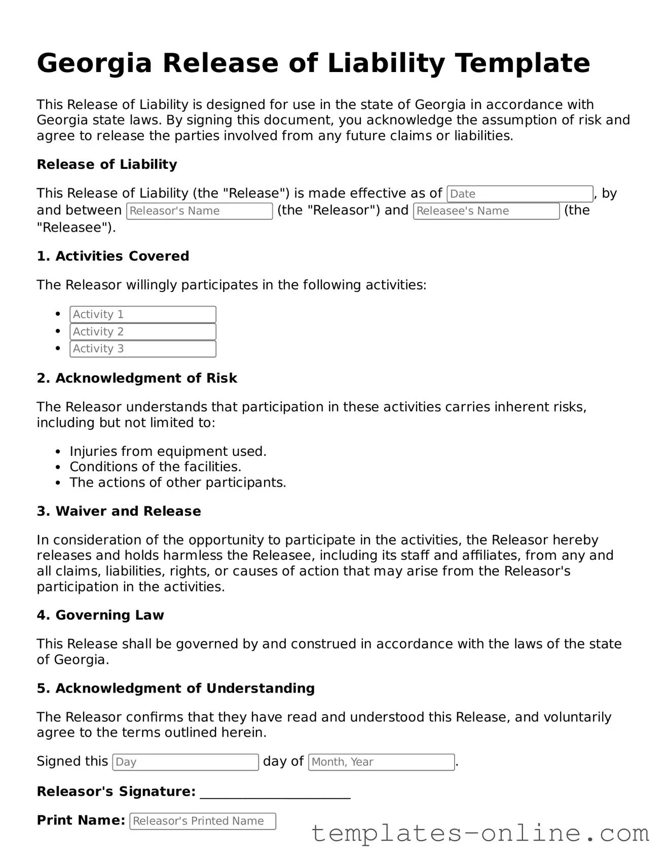 Valid  Release of Liability Template for Georgia