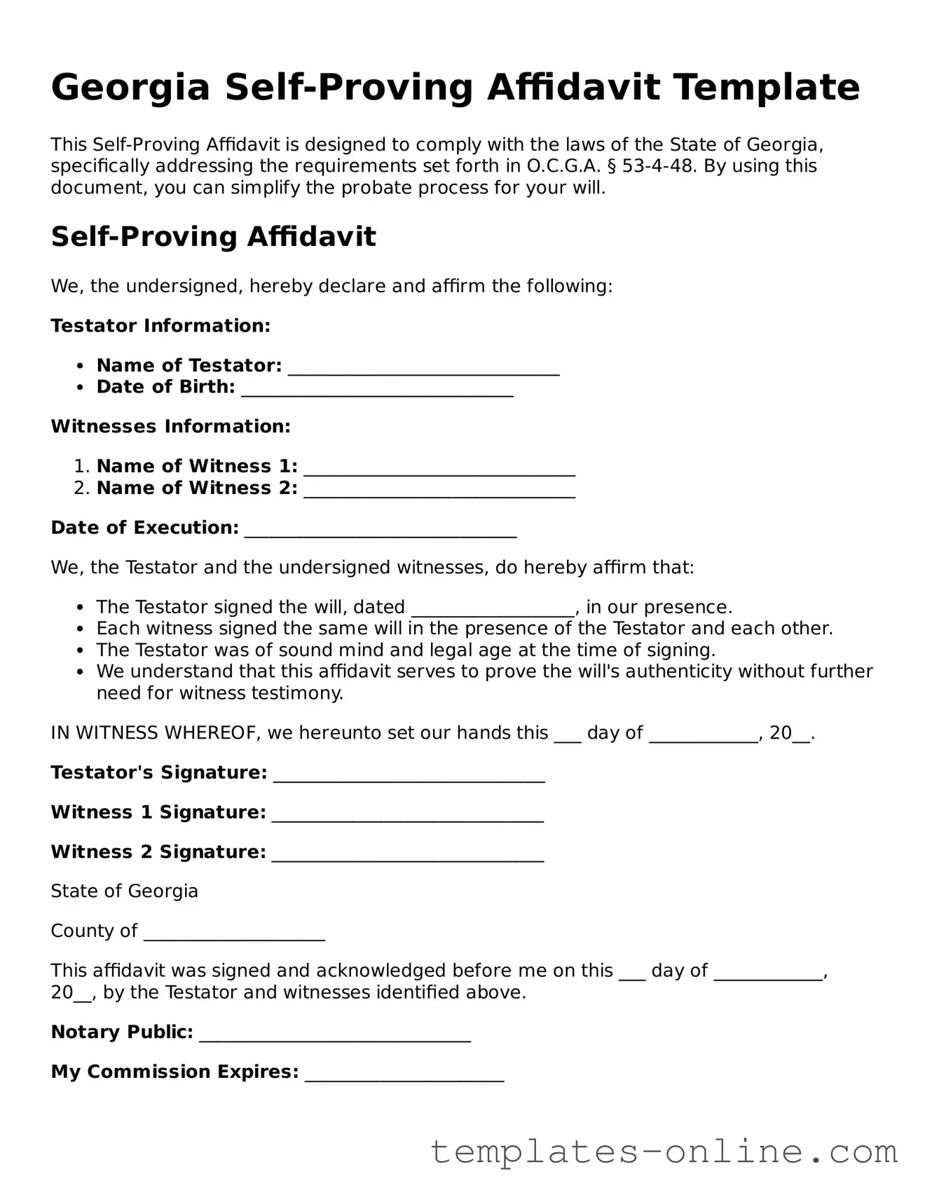 Valid  Self-Proving Affidavit Template for Georgia