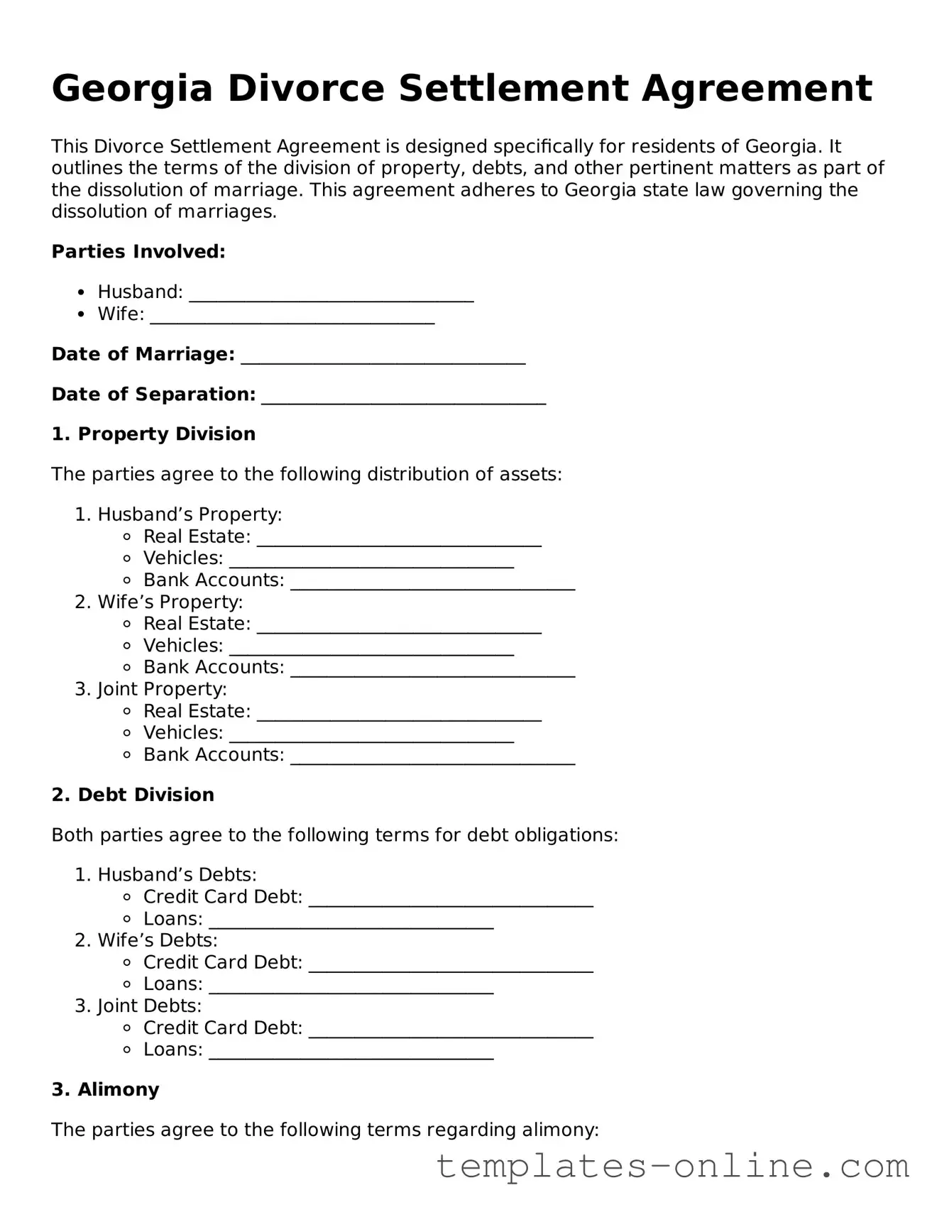 Valid  Divorce Settlement Agreement Template for Georgia
