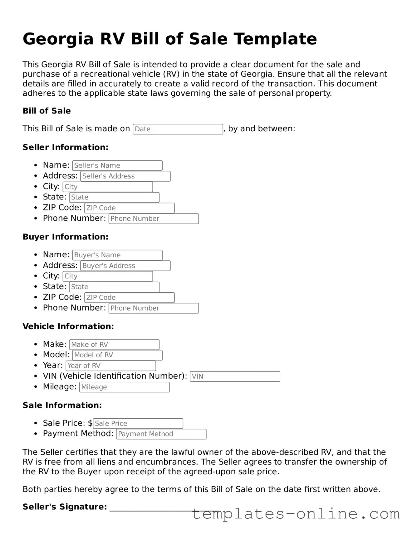 Valid  RV Bill of Sale Template for Georgia