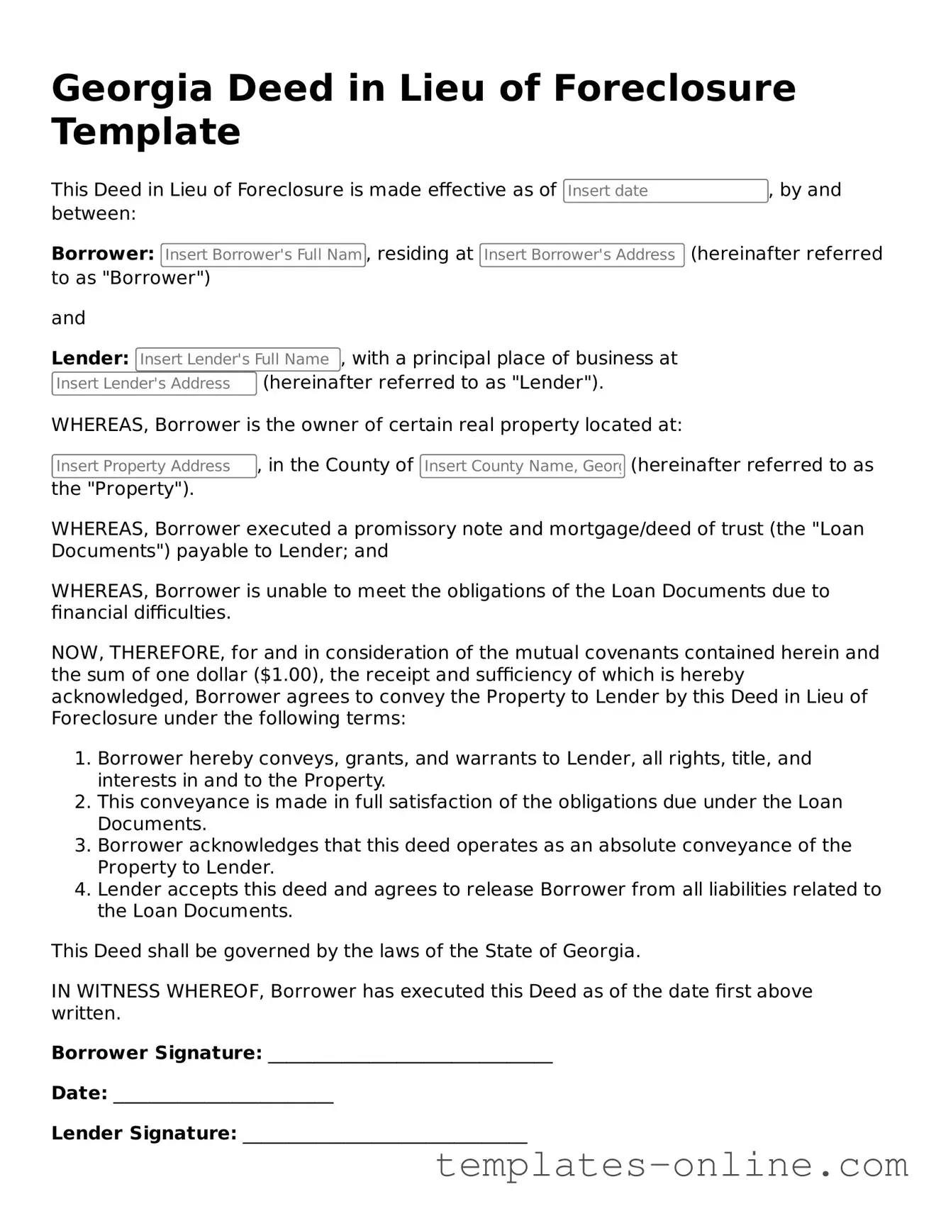 Valid  Deed in Lieu of Foreclosure Template for Georgia
