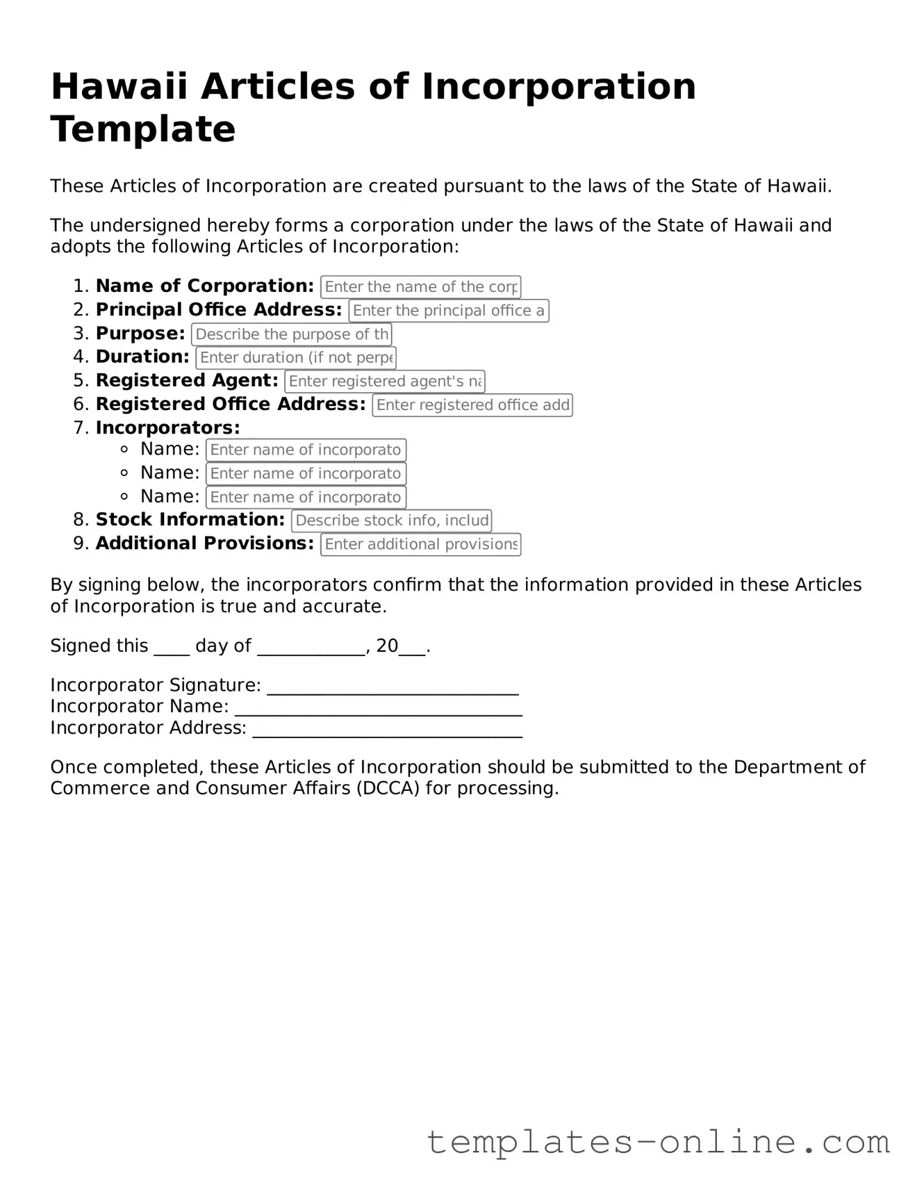 Valid  Articles of Incorporation Template for Hawaii