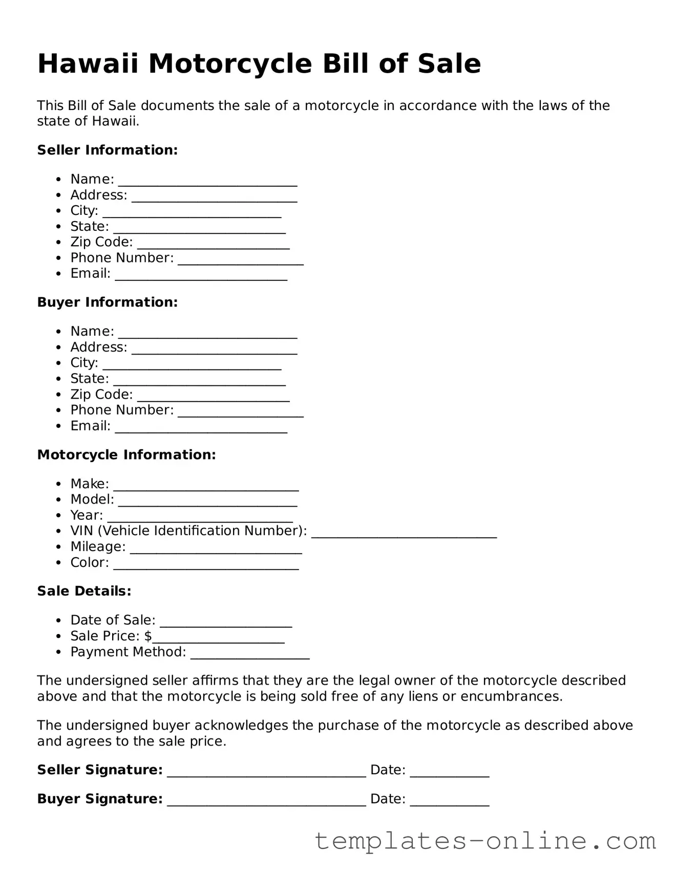 Valid  Motorcycle Bill of Sale Template for Hawaii